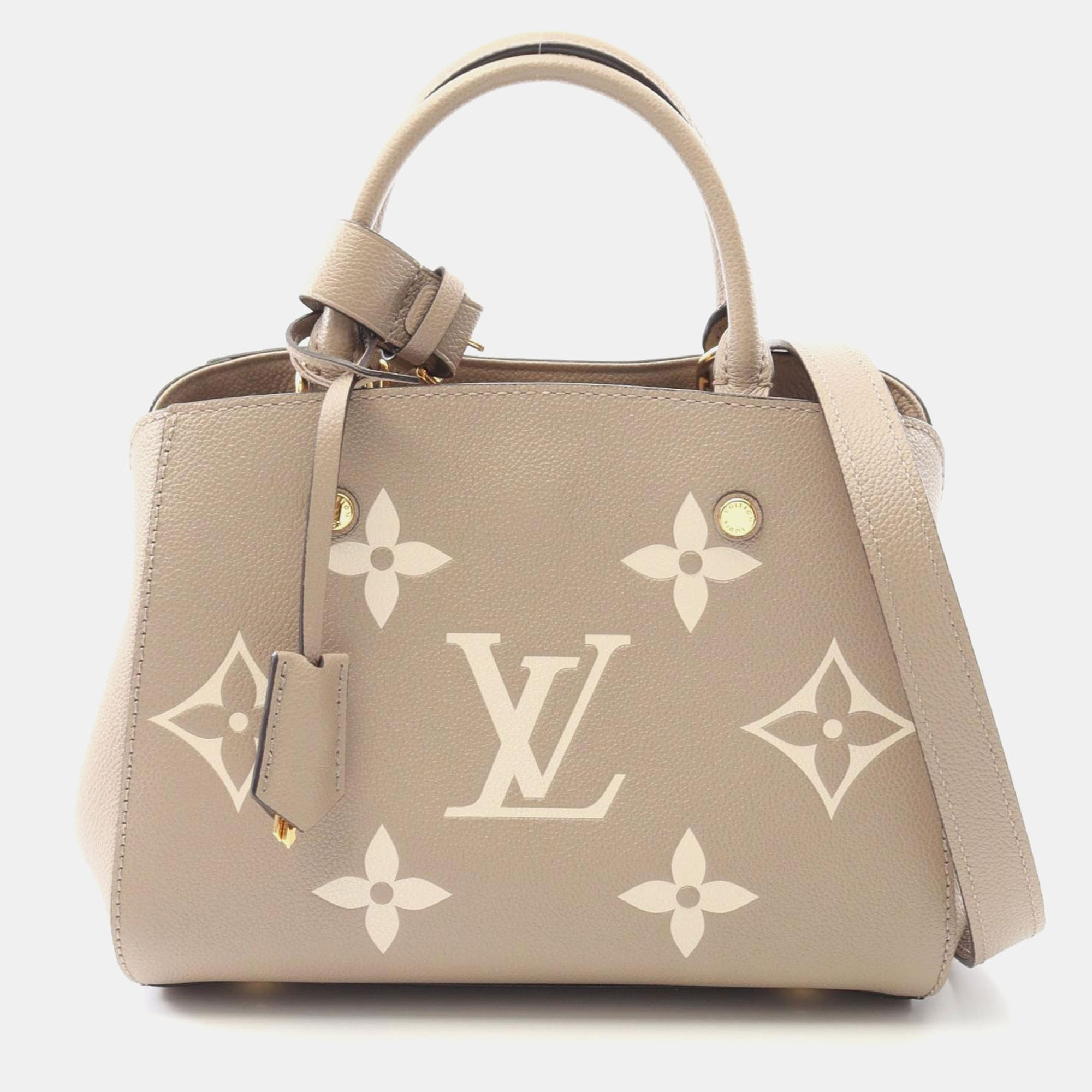 

Louis Vuitton Montaigne BB Bicolor Monogram Empreinte Leather Top Handle Bag, Beige