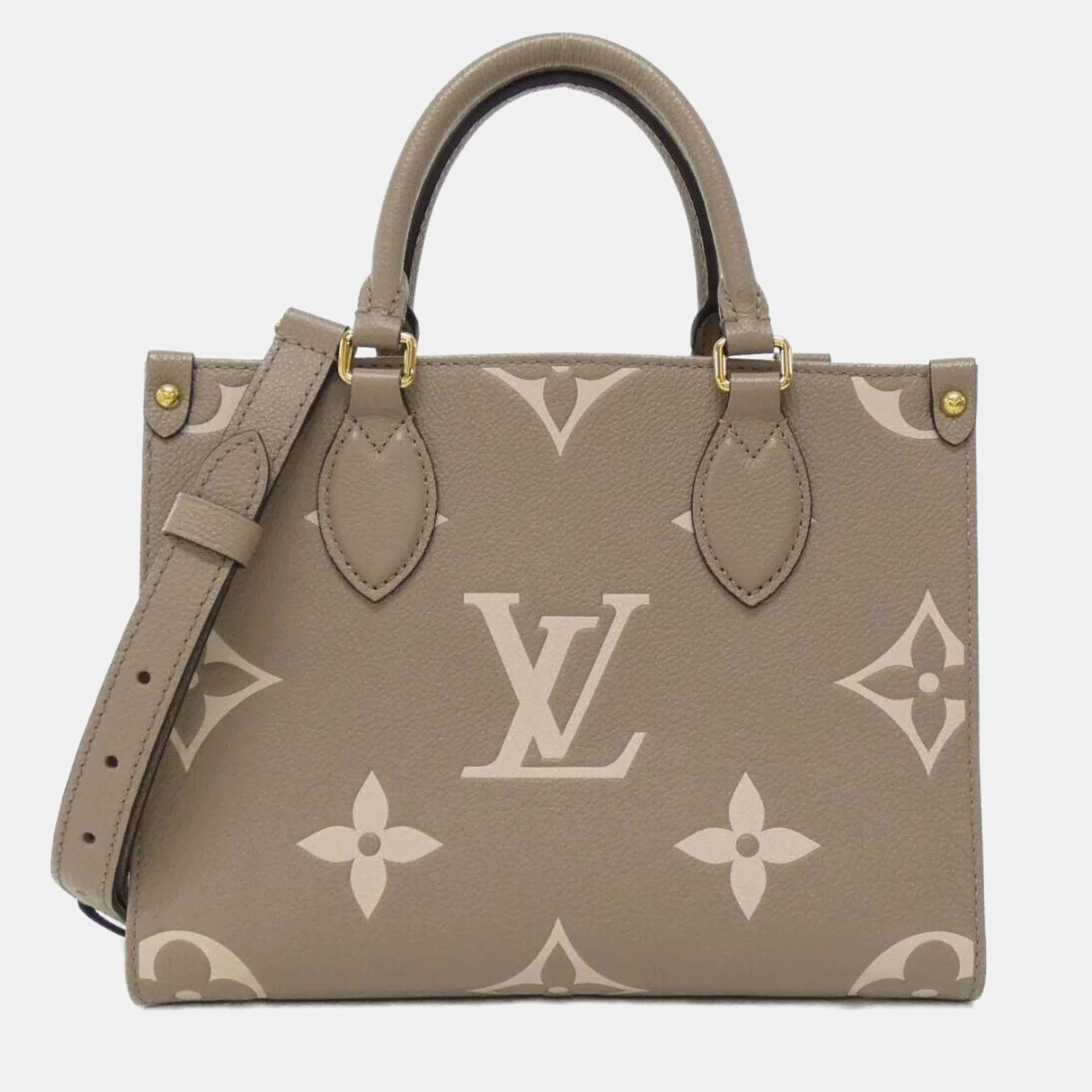

Louis Vuitton On The Go PM Tourterelle Bicolor Monogram Empreinte Leather Tote Bag, Cream