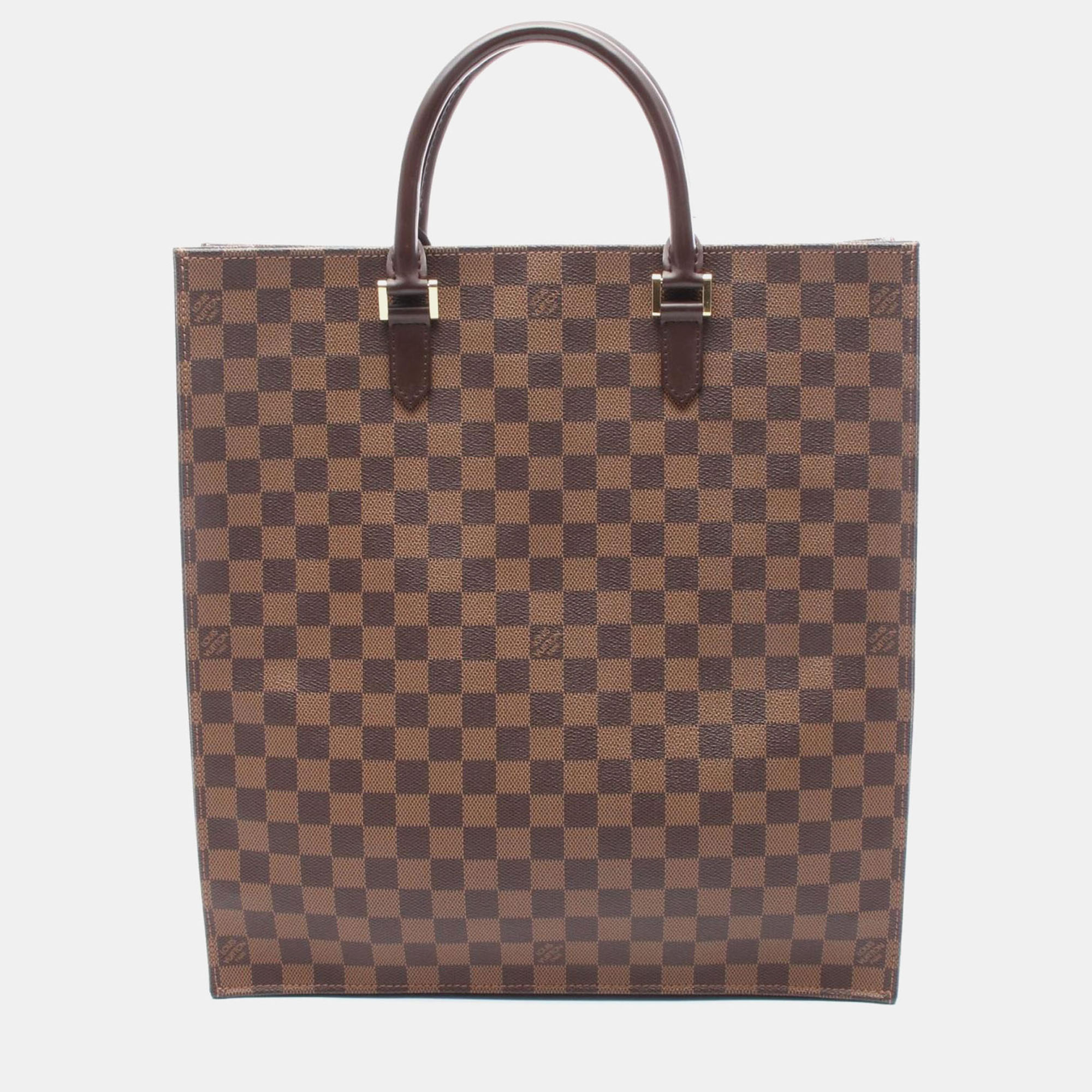 Pre-owned Louis Vuitton Sac Plat Tote Handbag Damier Canvas Ebene In Brown