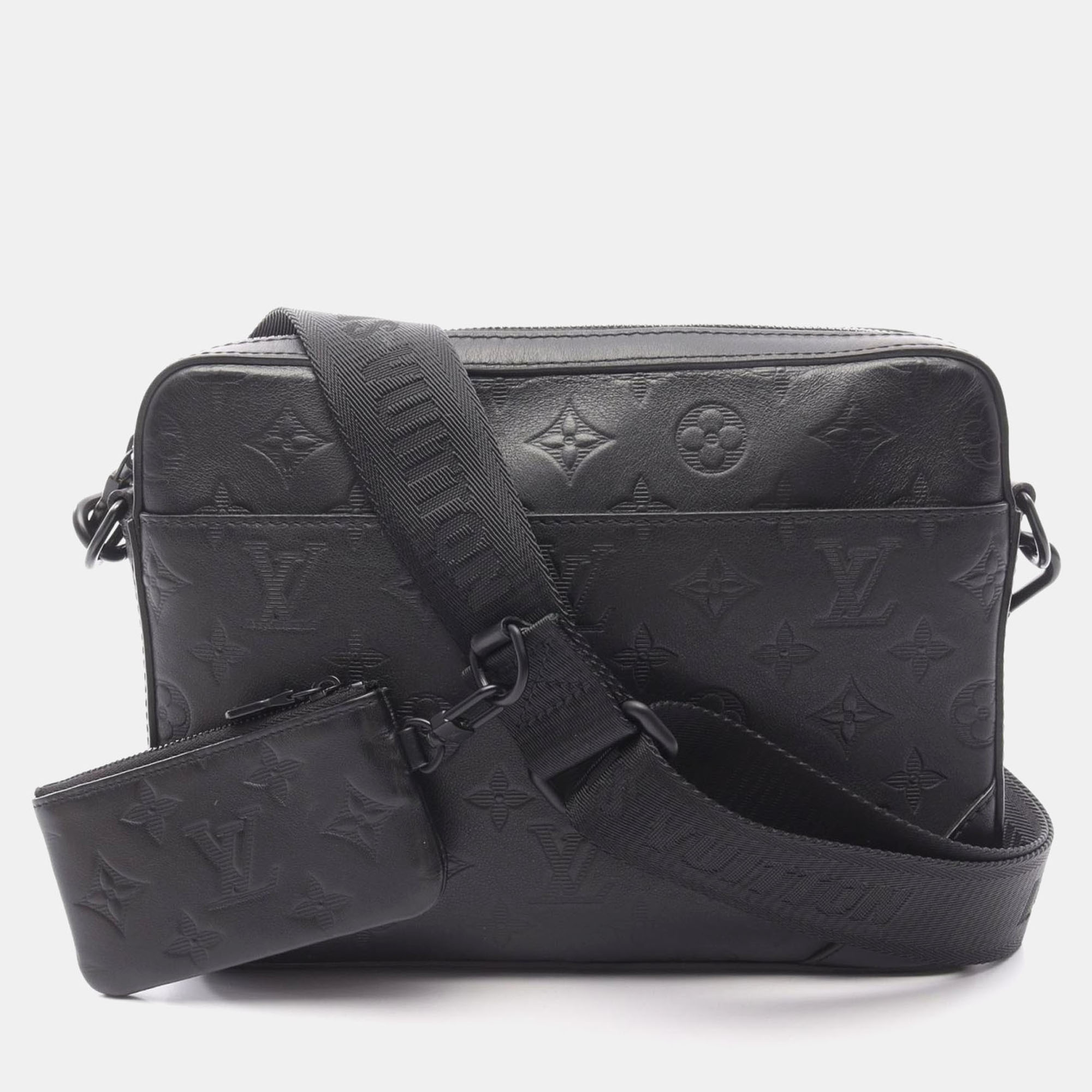 Pre-owned Louis Vuitton Duo Messenger Shoulder Bag Monogram Shadow Leather Noir In Black