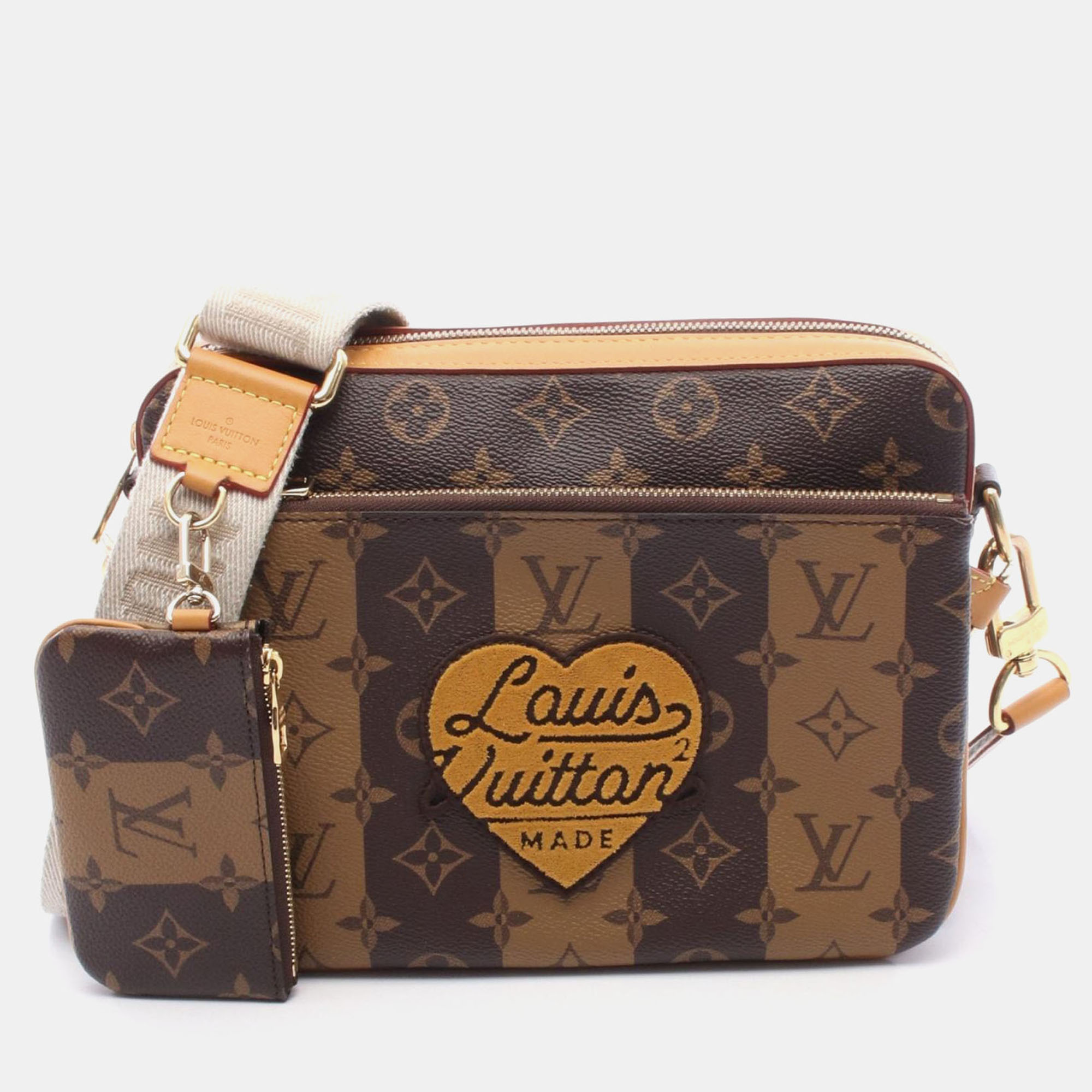Pre-owned Louis Vuitton Nigo Trio Messenger Crossbody Shoulder Bag Monogram Stripe In Brown