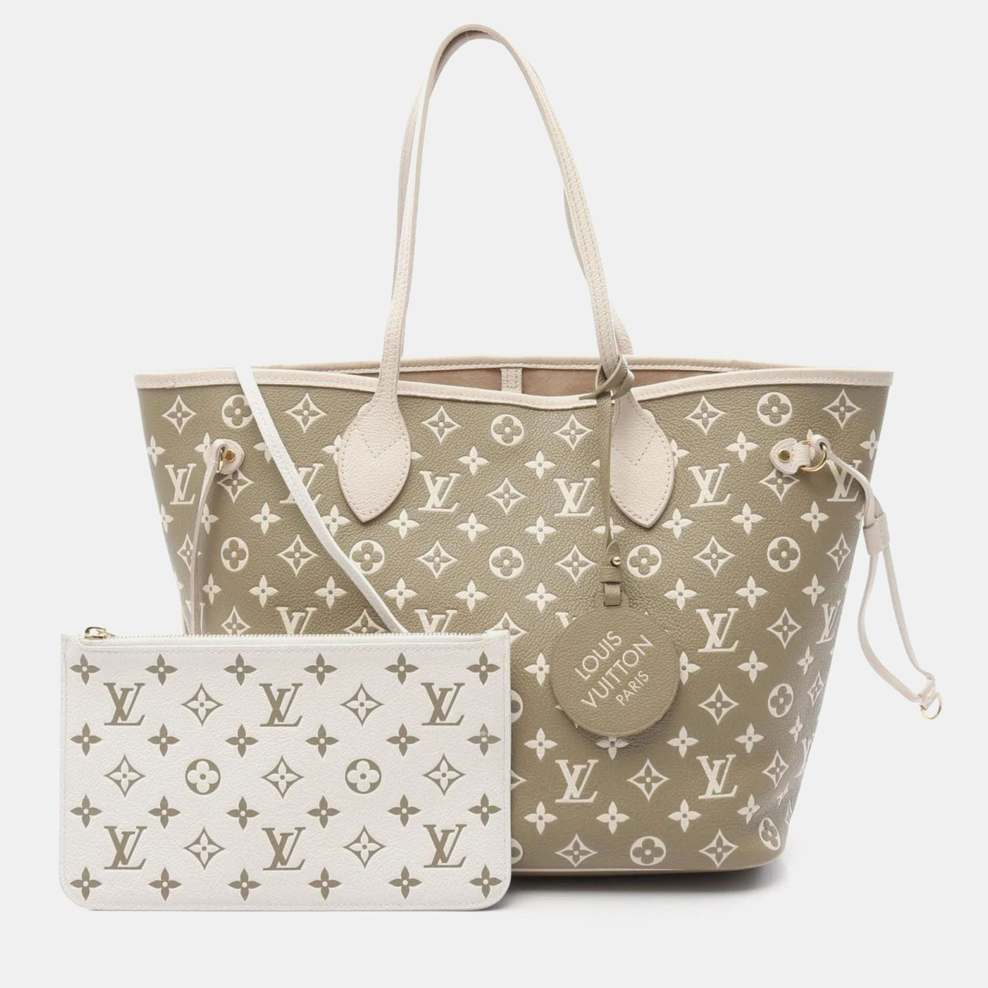 Pre-owned Louis Vuitton Neverfull Mm Monogram Empreinte Spring In The City Khaki Beige Leather Tote In Sand