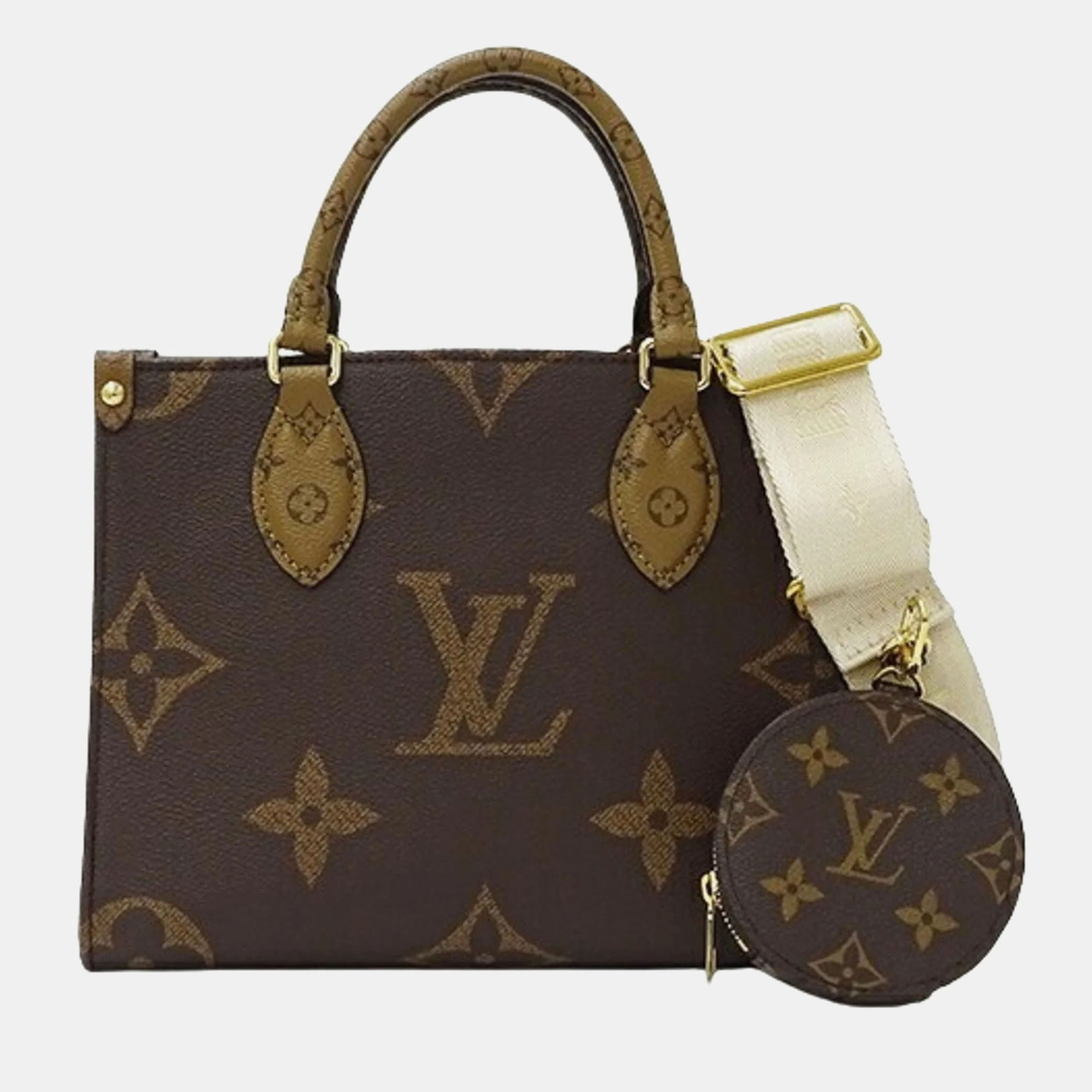 Pre-owned Louis Vuitton Onthego Pm Brown Monogram Giant Reverse Leather 2-way Handbag
