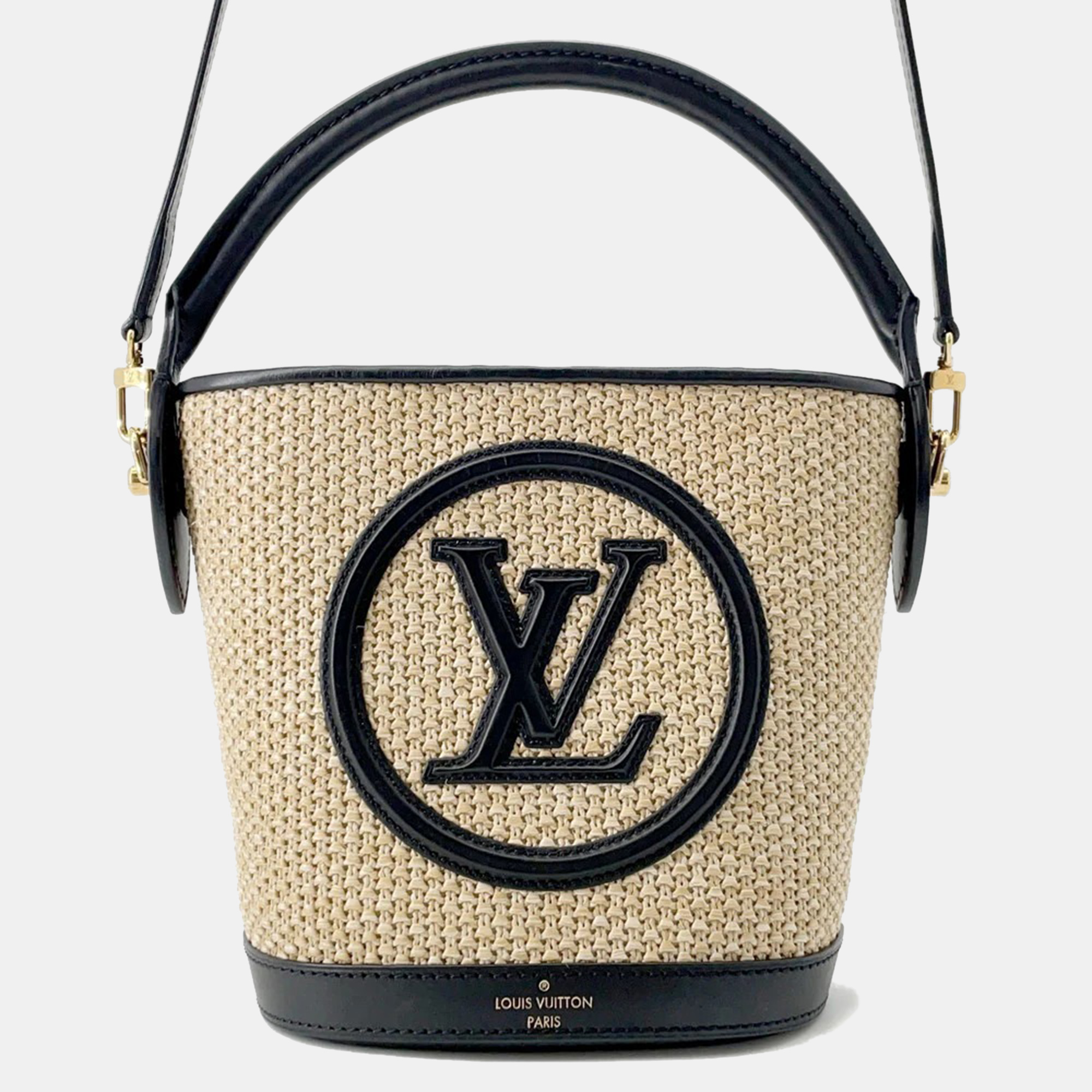 

Louis Vuitton Petit Bucket Noir Beige Raffia Leather Handbag