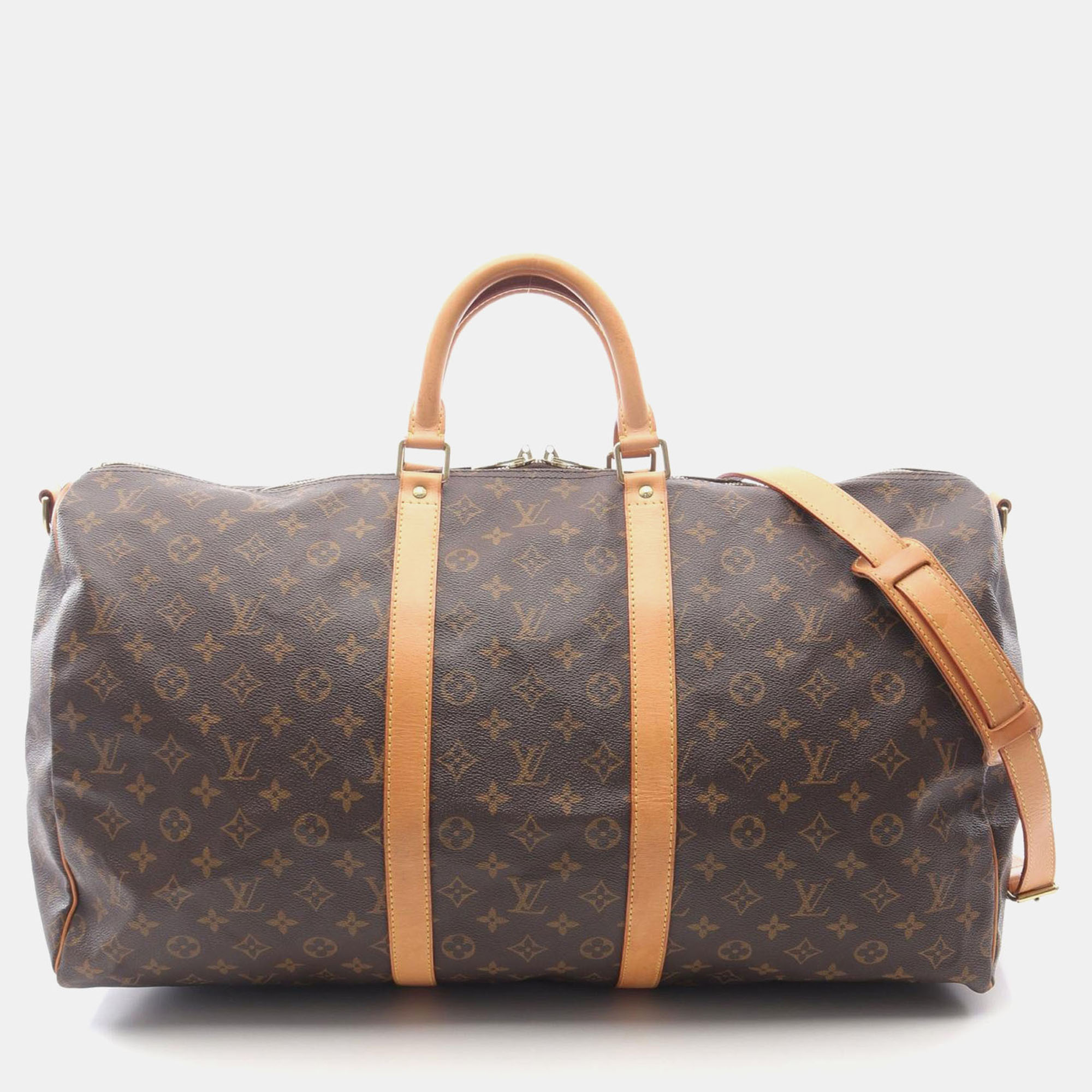 Pre-owned Louis Vuitton Keepall Bandouliere 55 Hand Travel Bag Luggage Monogram In Brown