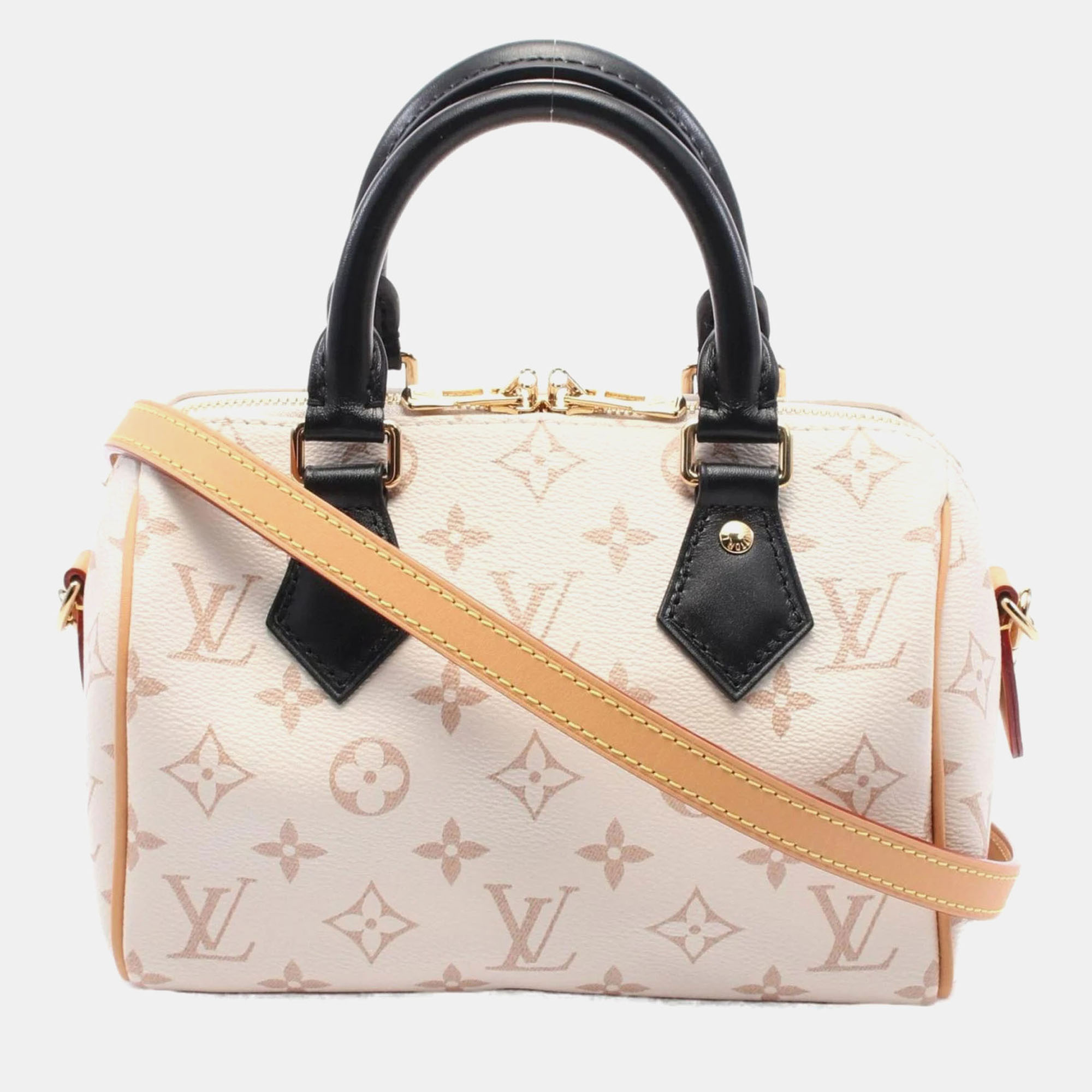 

Louis Vuitton Speedy Bandouliere 20 White Beige Black Coated Canvas Leather Handbag