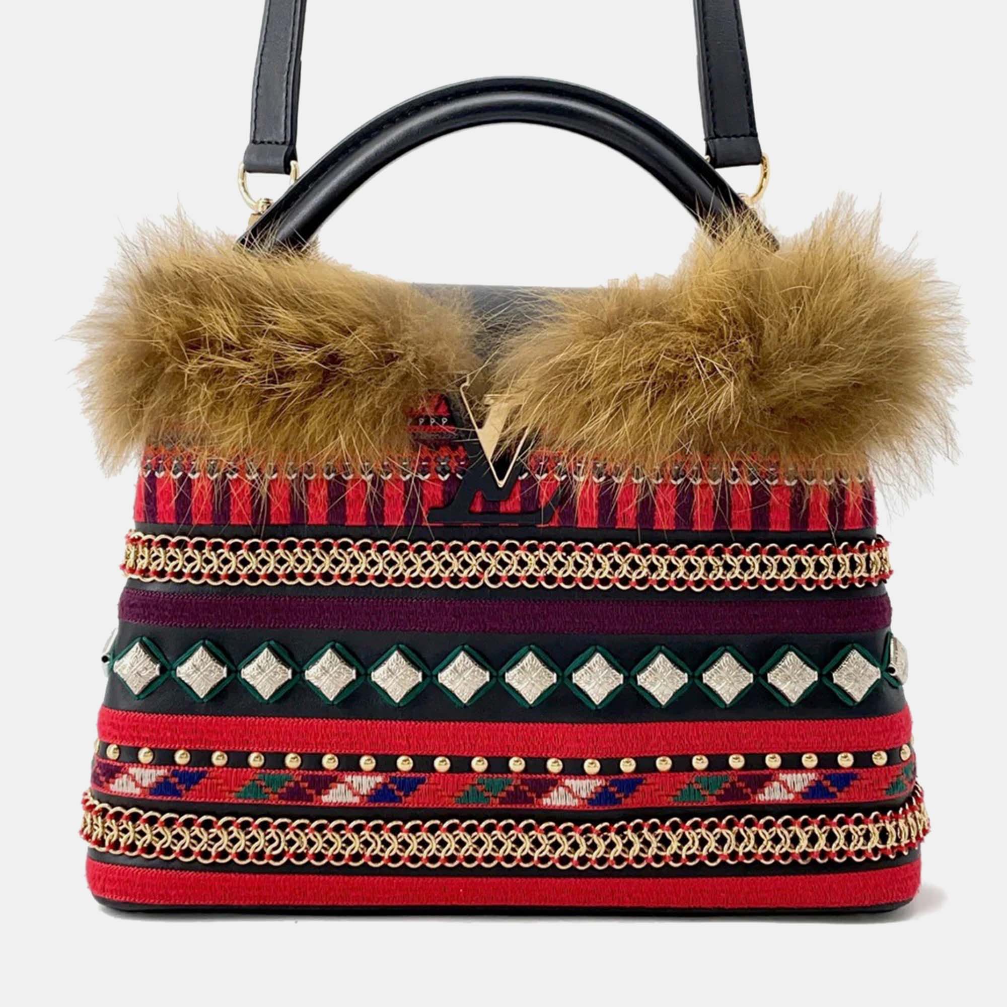 

Louis Vuitton Capucines Multicolor Noir Red Leather Fur Top Handle Bag