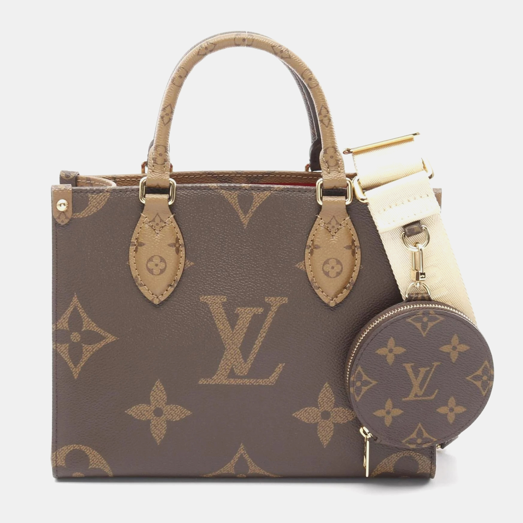 

Louis Vuitton OnTheGo PM Handbag Coated Canvas Monogram Reverse Brown Beige