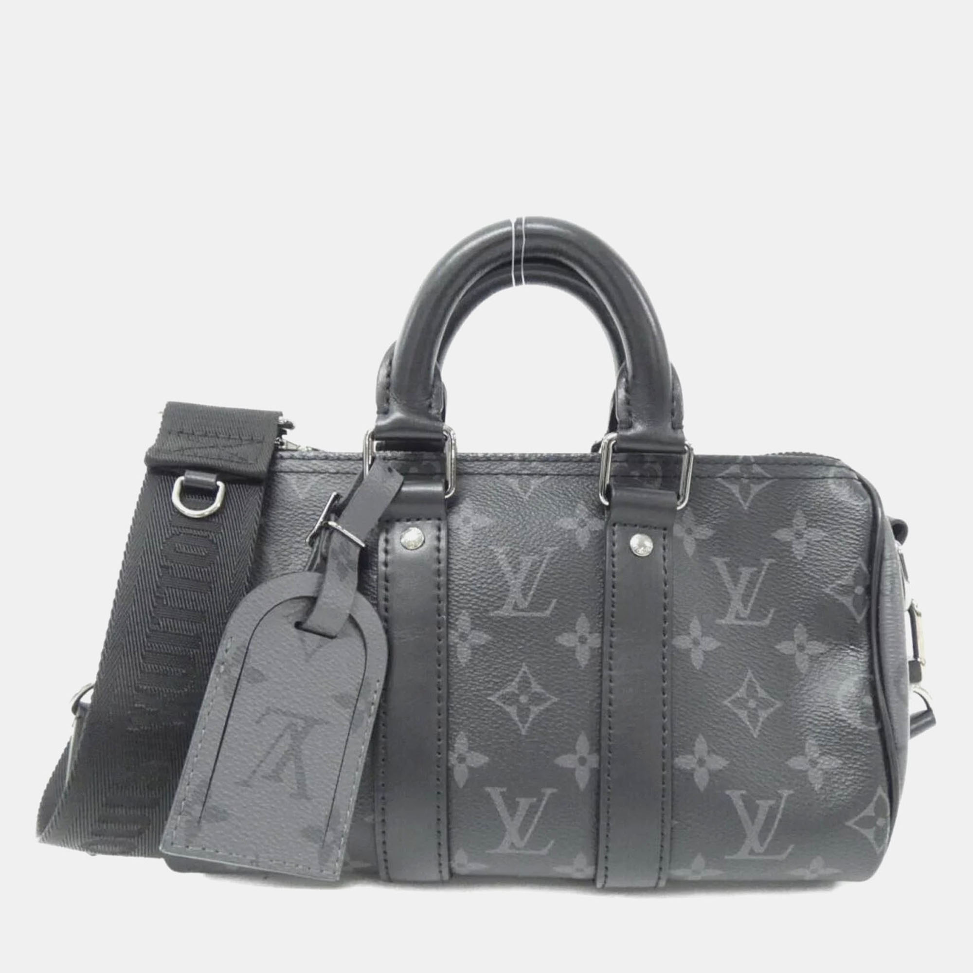 Pre-owned Louis Vuitton Monogram Eclipse Reverse Keepall Bandouliere 25cm Boston Bag In Black