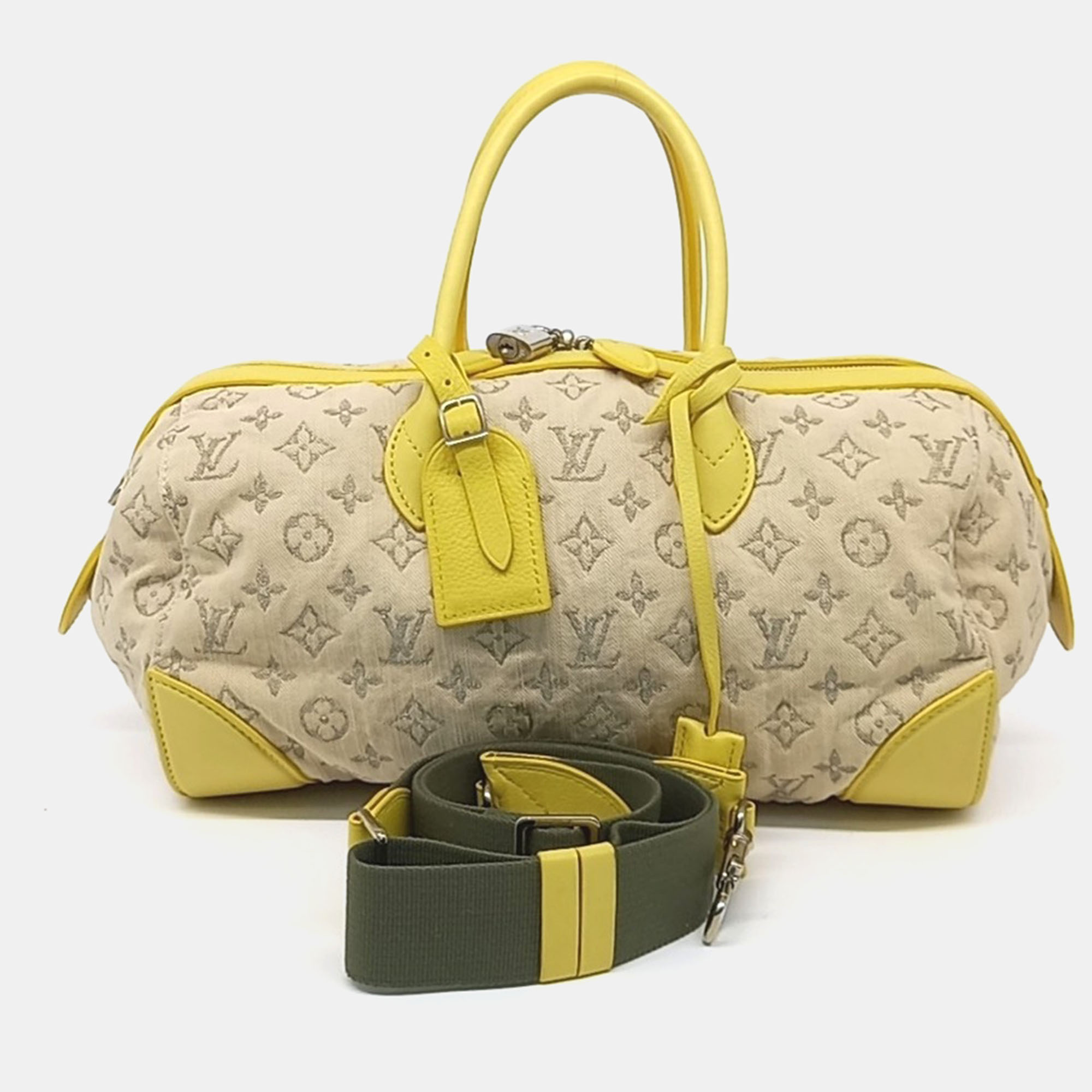 Pre-owned Louis Vuitton Beige Yellow Fabric Denim Speedy Round Bag In Sand