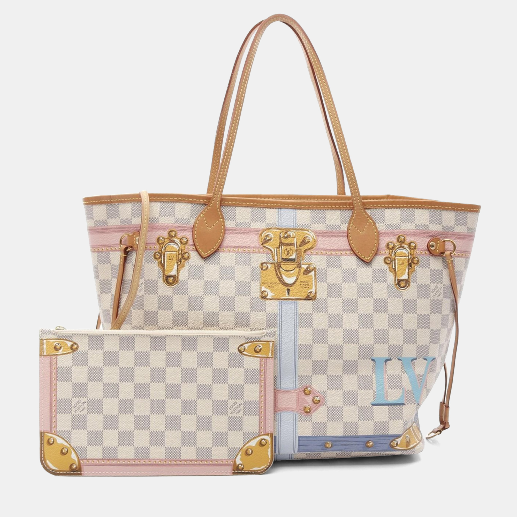Pre-owned Louis Vuitton Neverfull Mm Summer Trunk Damier Azur White Canvas Tote