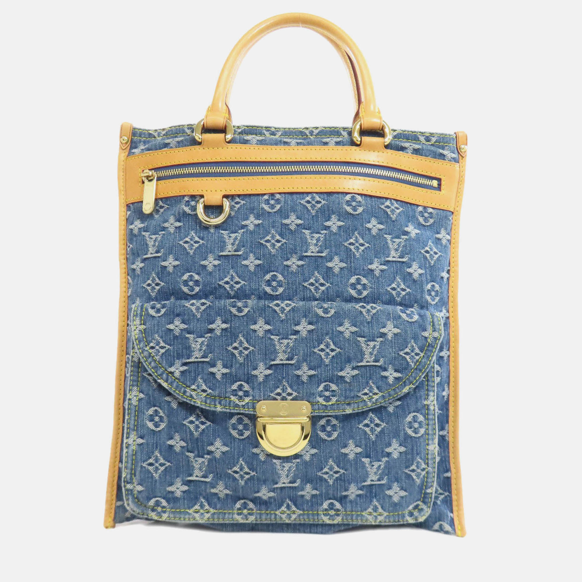 Pre-owned Louis Vuitton Flat Shopper Tote Monogram Denim Blue Canvas