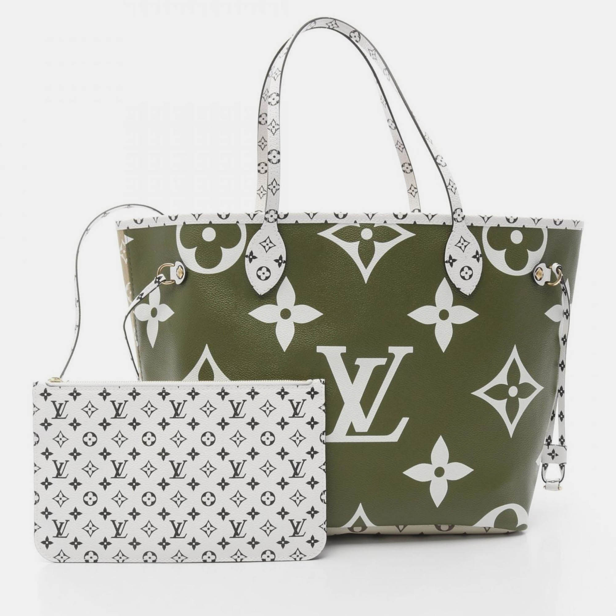 Pre-owned Louis Vuitton Neverfull Mm Tote Bag Coated Canvas Monogram Giant Khaki Beige Multicolor In Green