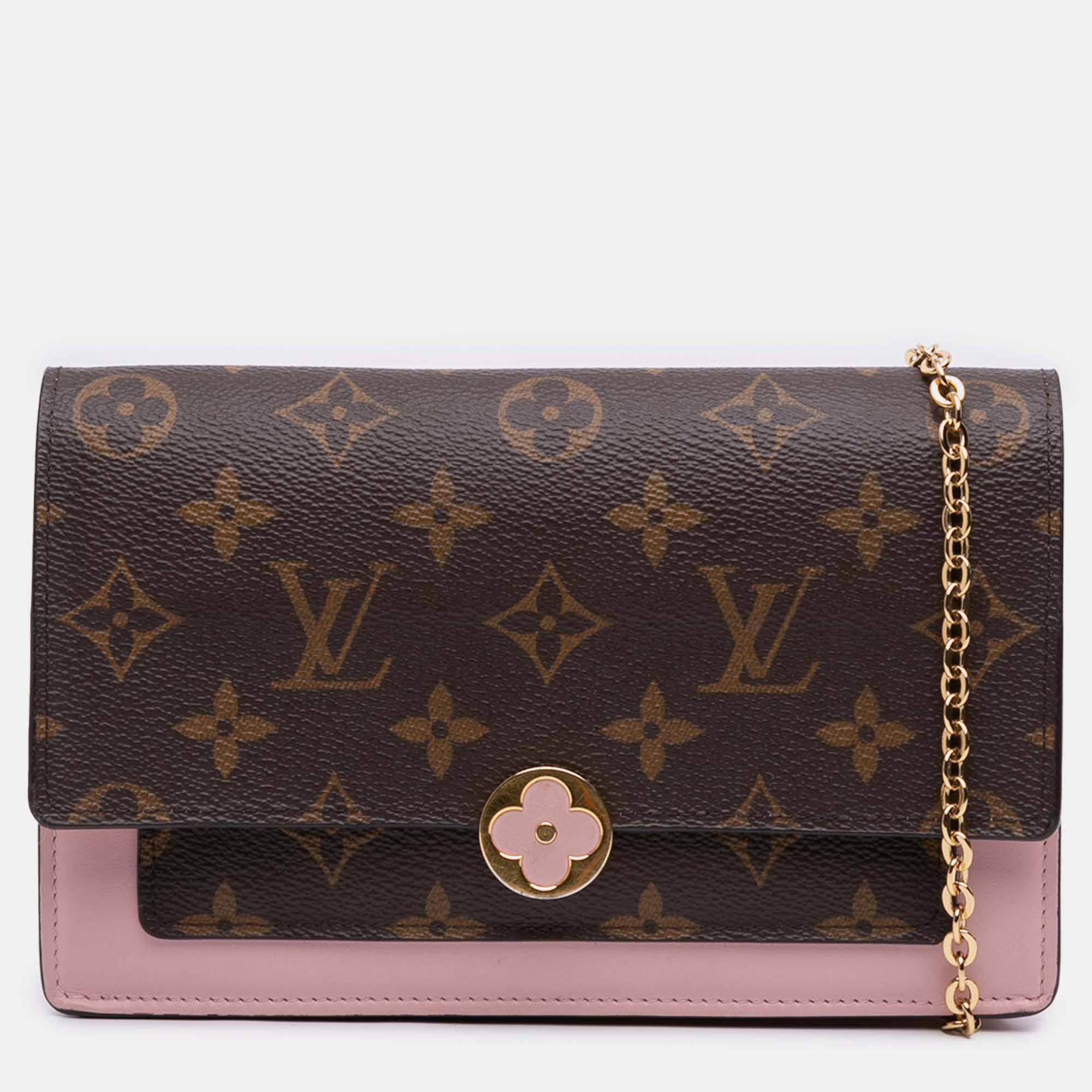 Pre-owned Louis Vuitton Brown/pink Monogram Flore Wallet On Chain
