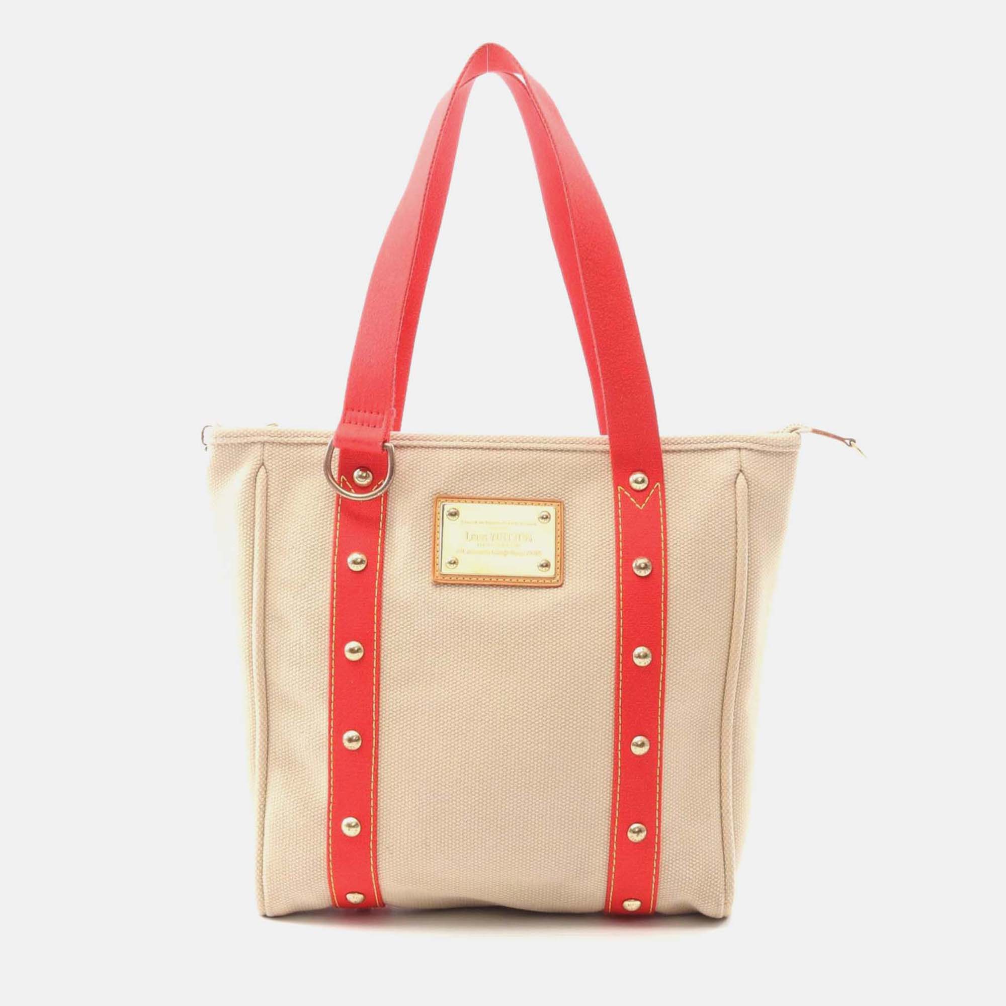 

Louis Vuitton Cabas Mm Shoulder Tote Bag M40035 Antigua Canvas Red Beige Used Lv