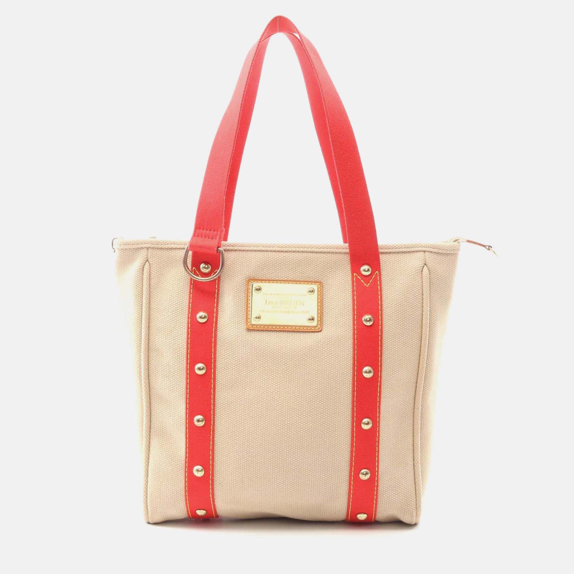

Louis Vuitton Cabas Mm Shoulder Tote Bag M40035 Antigua Canvas Red Beige Used Lv