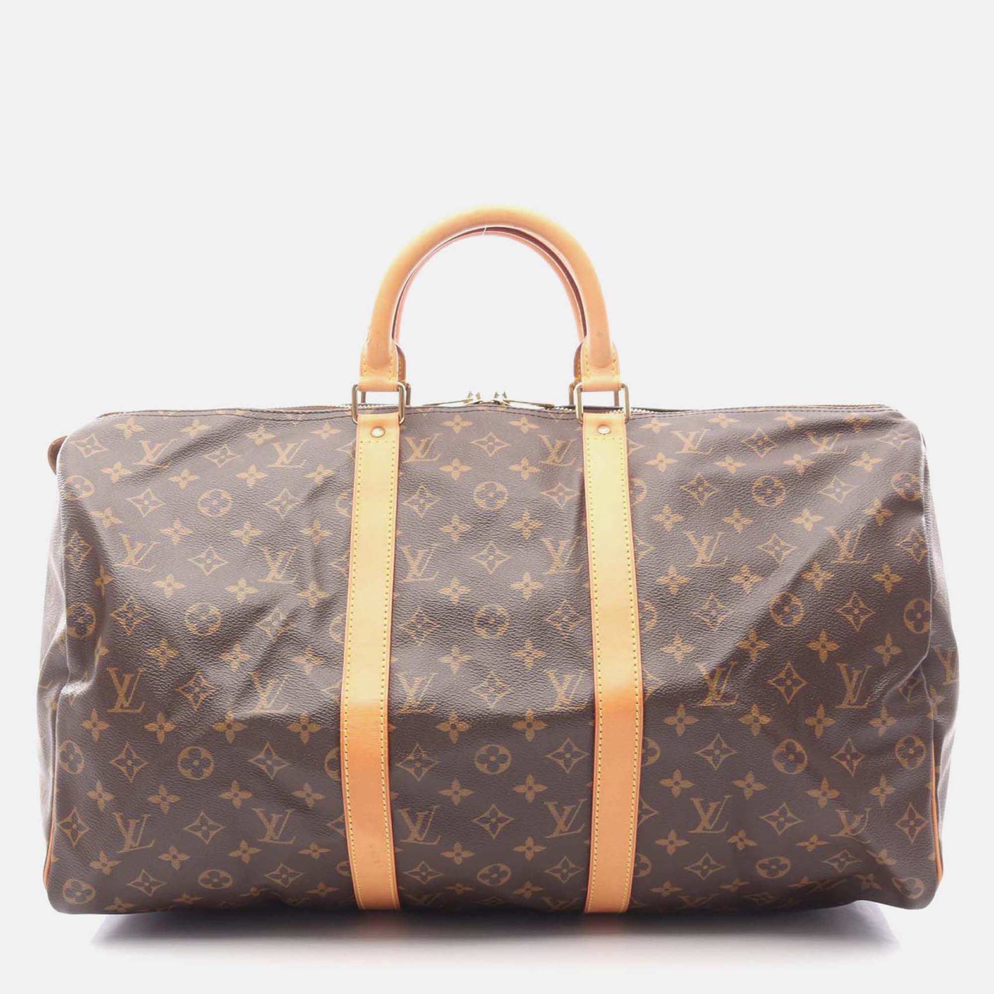 

Louis Vuitton Keepall 50 Traveling Handbag M41426 Monogram Canvas Leather Used, Brown