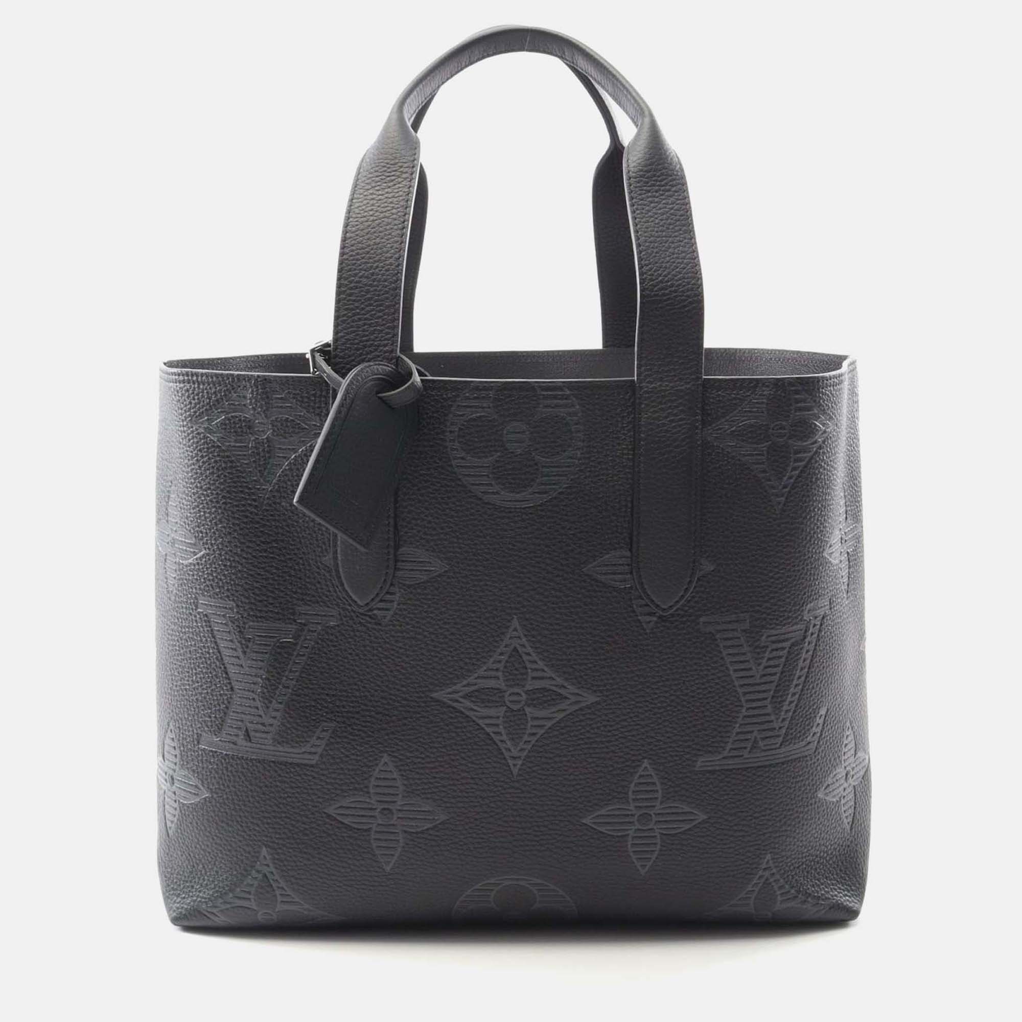 Pre-owned Louis Vuitton Cabas Voyage Nv Tote Bag M57290 Leather Monogram Giant Shadow Bk In Black