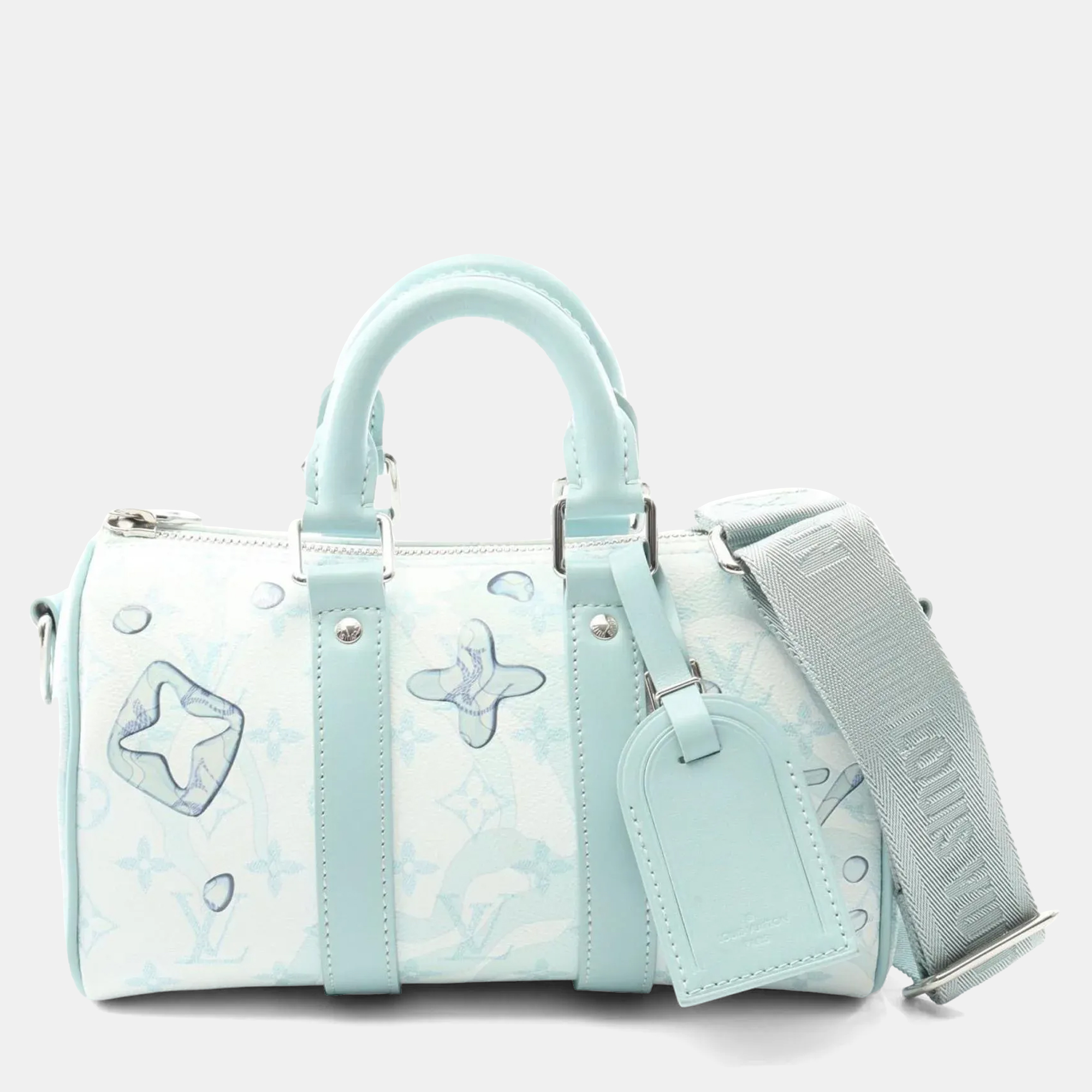 

Louis Vuitton Keepall Bandouliere 25 Handbag Coated Canvas With Monogram Aqua Garden Design Blue