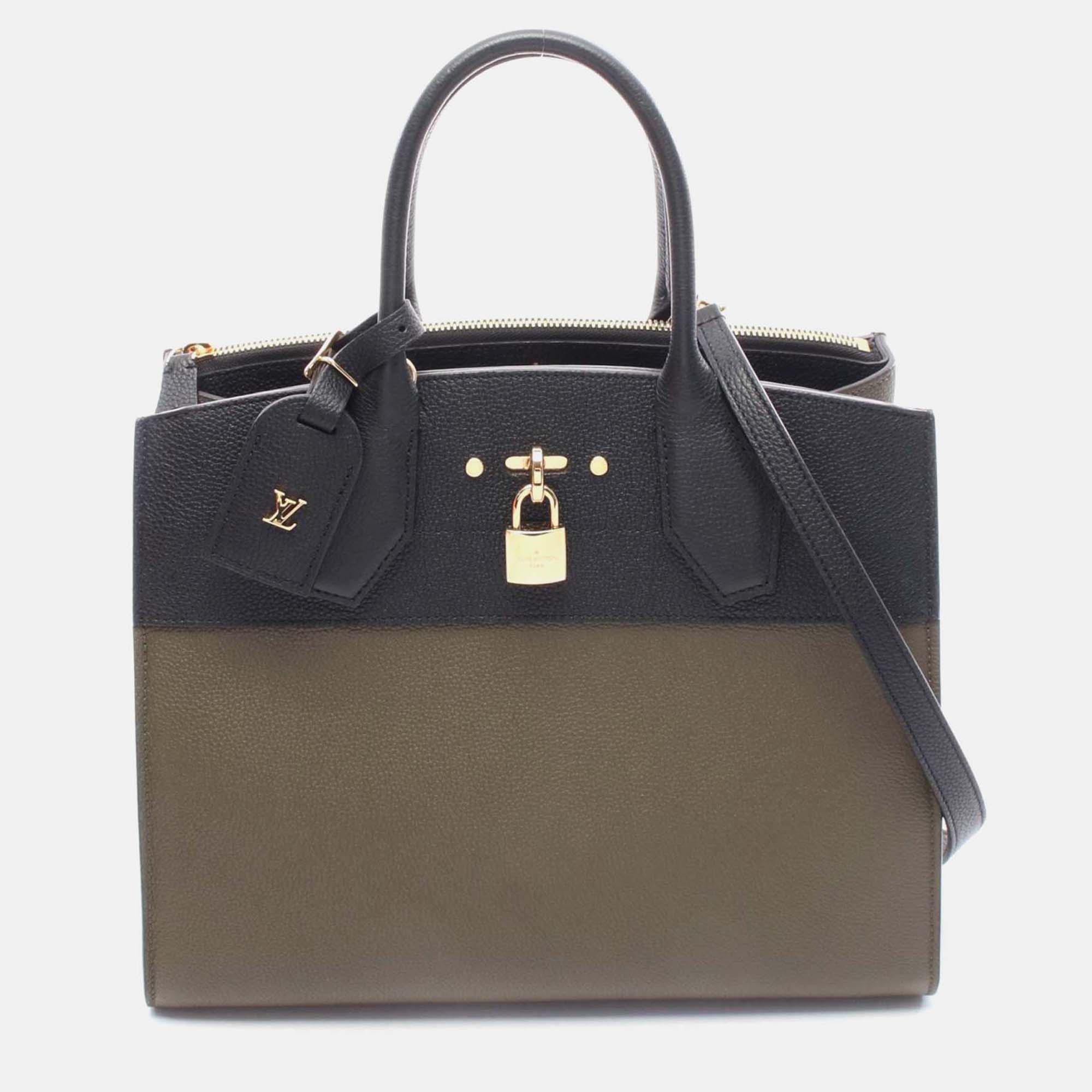 Louis Vuitton City Steamer Mm Shoulder Handbag Leather Khaki Black