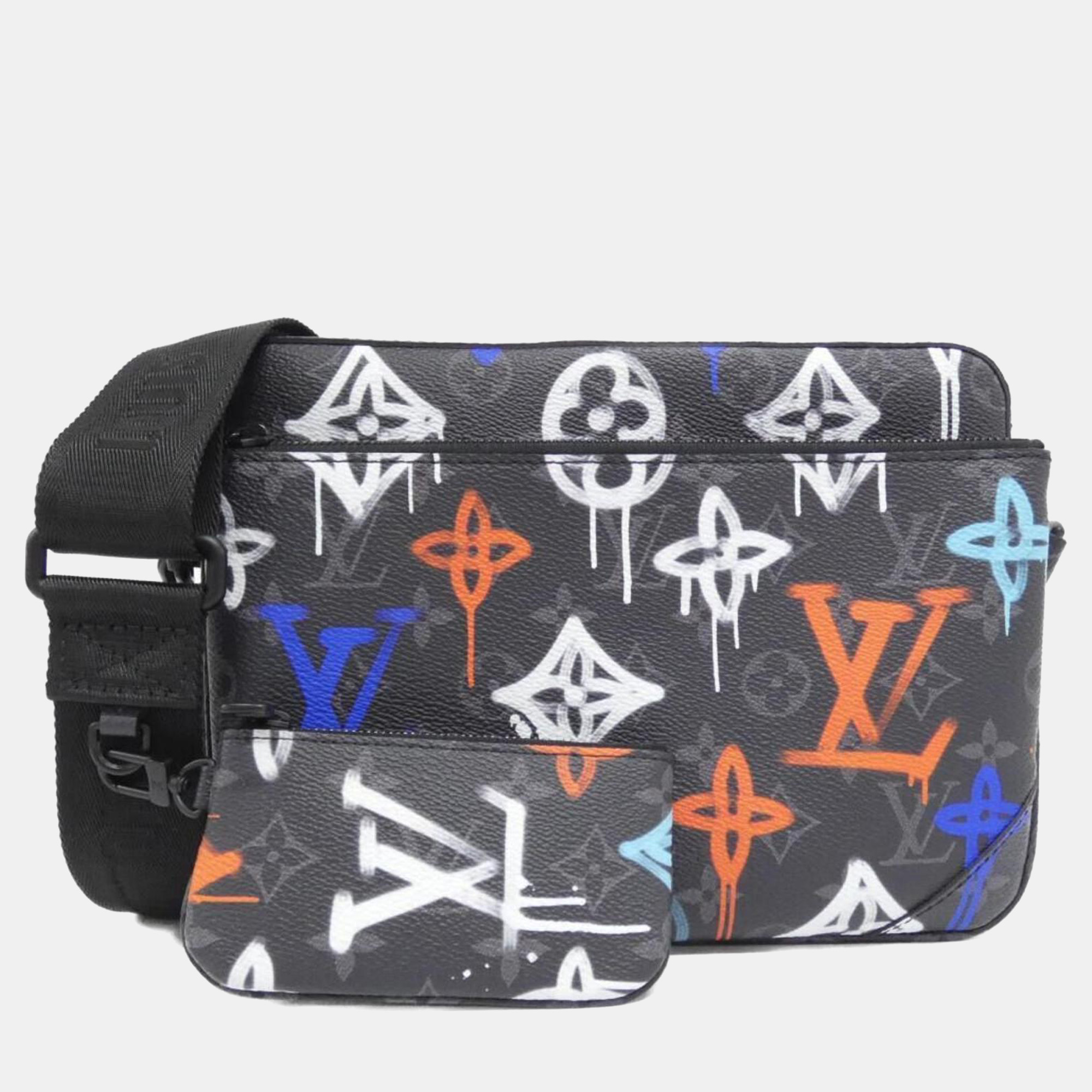 Pre-owned Louis Vuitton Monogram Eclipse (lv Graffiti) Trio Messenger Shoulder Bag In Black