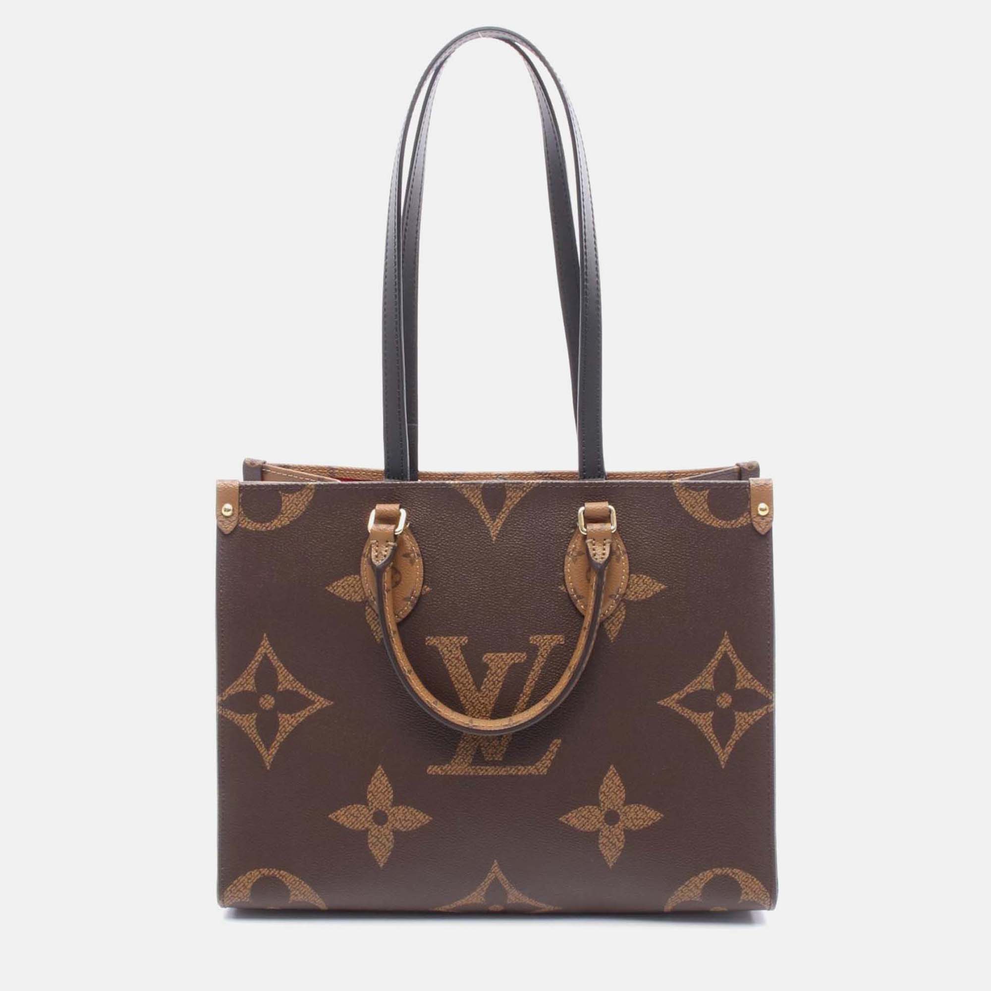Pre-owned Louis Vuitton Onthego Mm Monogram Giant Reverse Shoulder Tote Bag In Brown