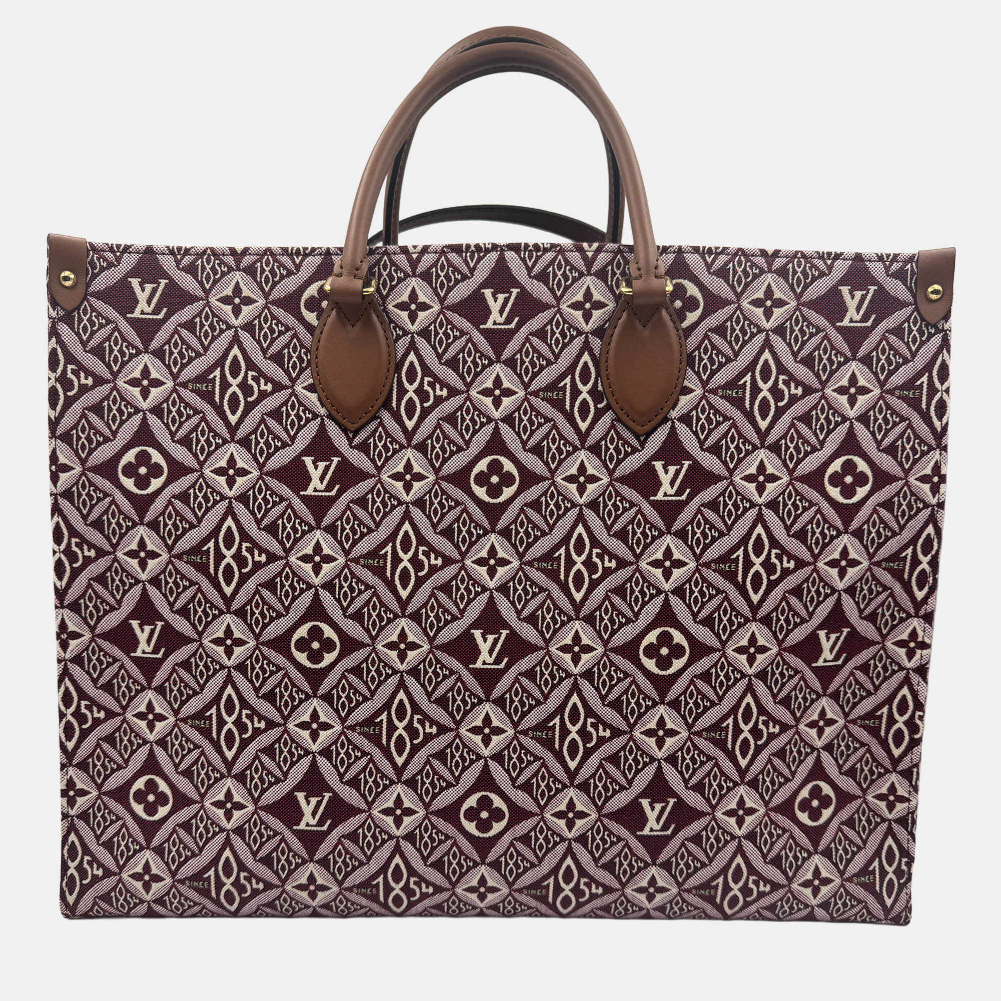 Pre-owned Louis Vuitton Onthego Gm Monogram Jacquard Since 1854 Canvas Tote Bag In Burgundy
