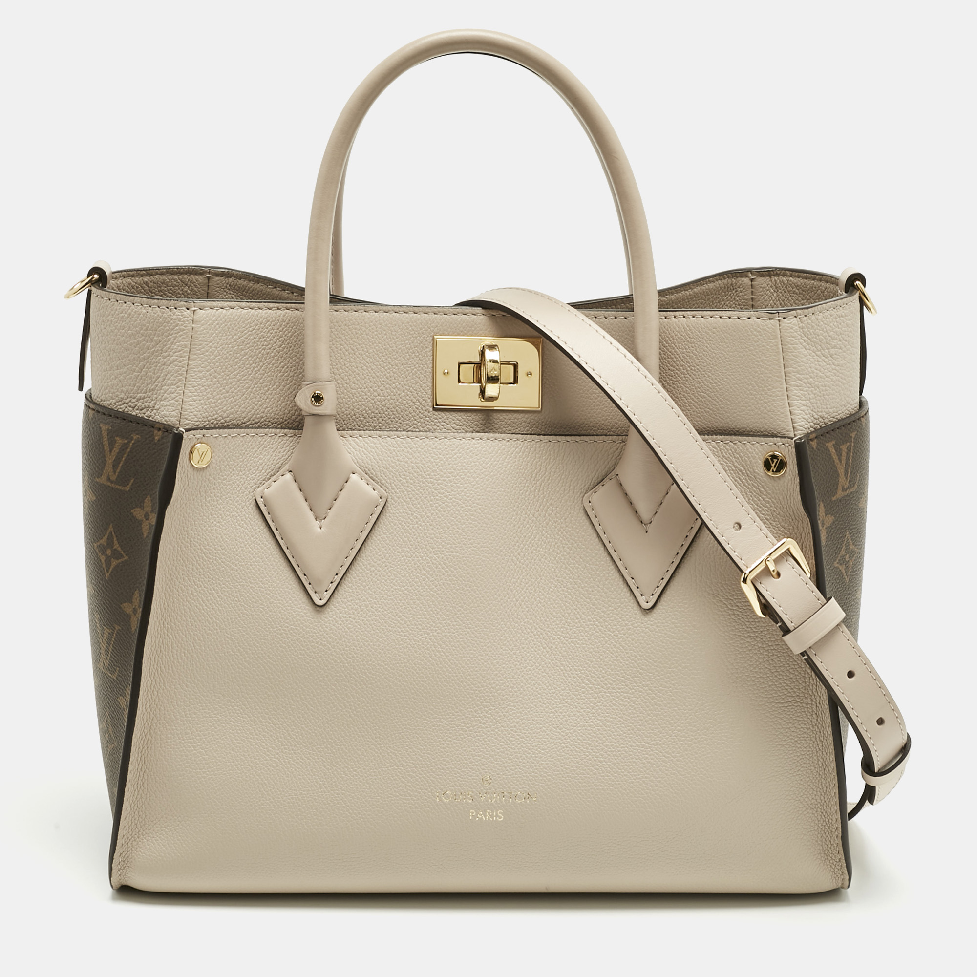 Pre-owned Louis Vuitton Greige Leather And Monogram Canvas On My Side Mm Tote Bag In Sand