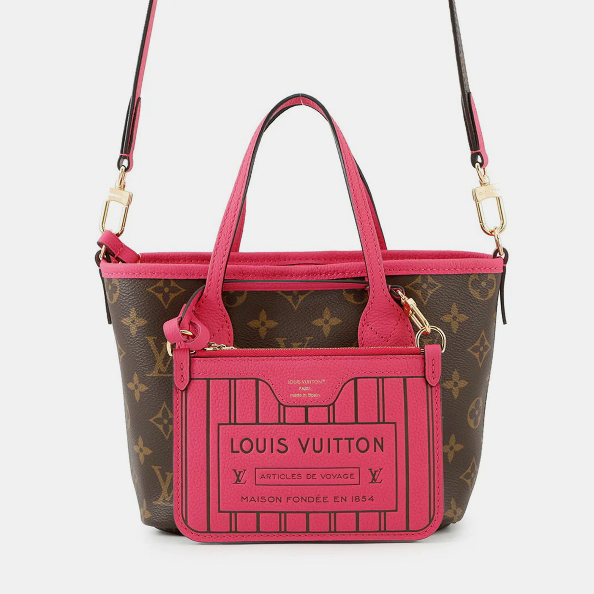 

Louis Vuitton Neverfull Inside Out Rose Buffalo Pondichery Leather Monogram BB Handbag, Brown