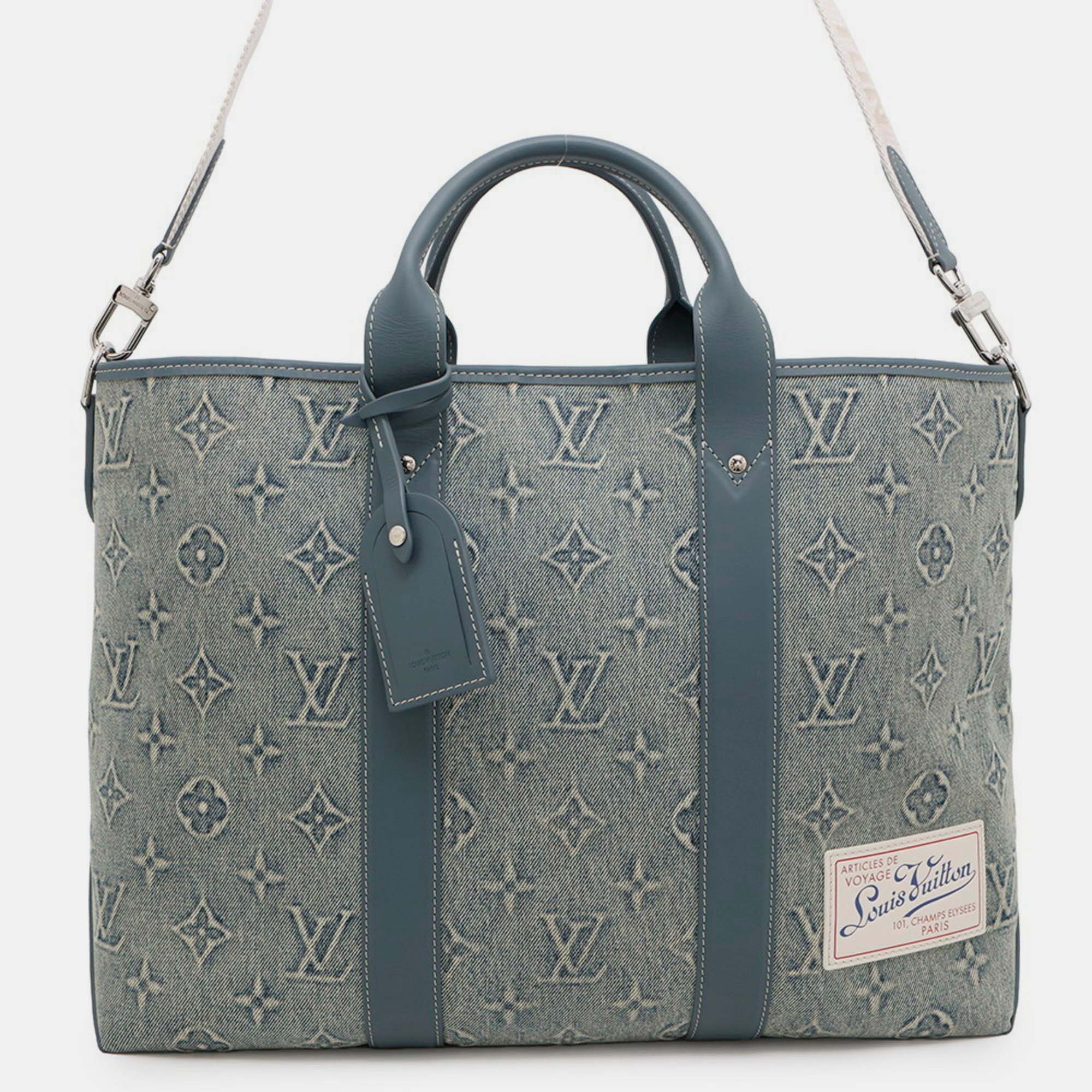 Pre-owned Louis Vuitton Monogram Washed Denim Weekend Tote Bag Nm In Blue