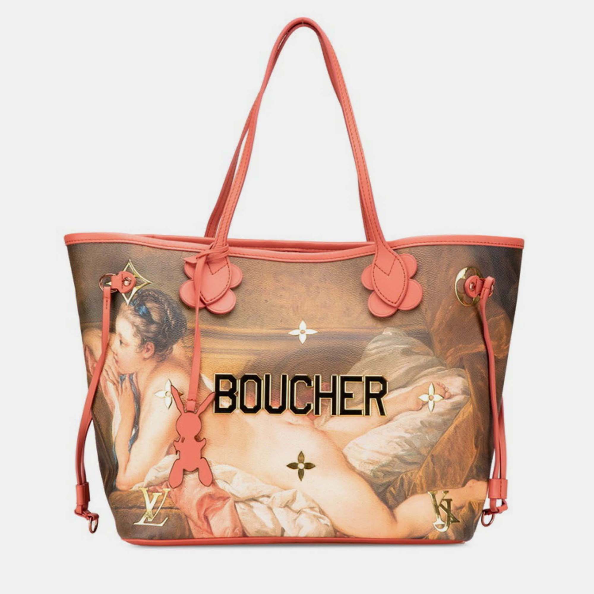 Pre-owned Louis Vuitton X Jeff Koons Neverfull Mm Tote Bag Brown And Pink Leather