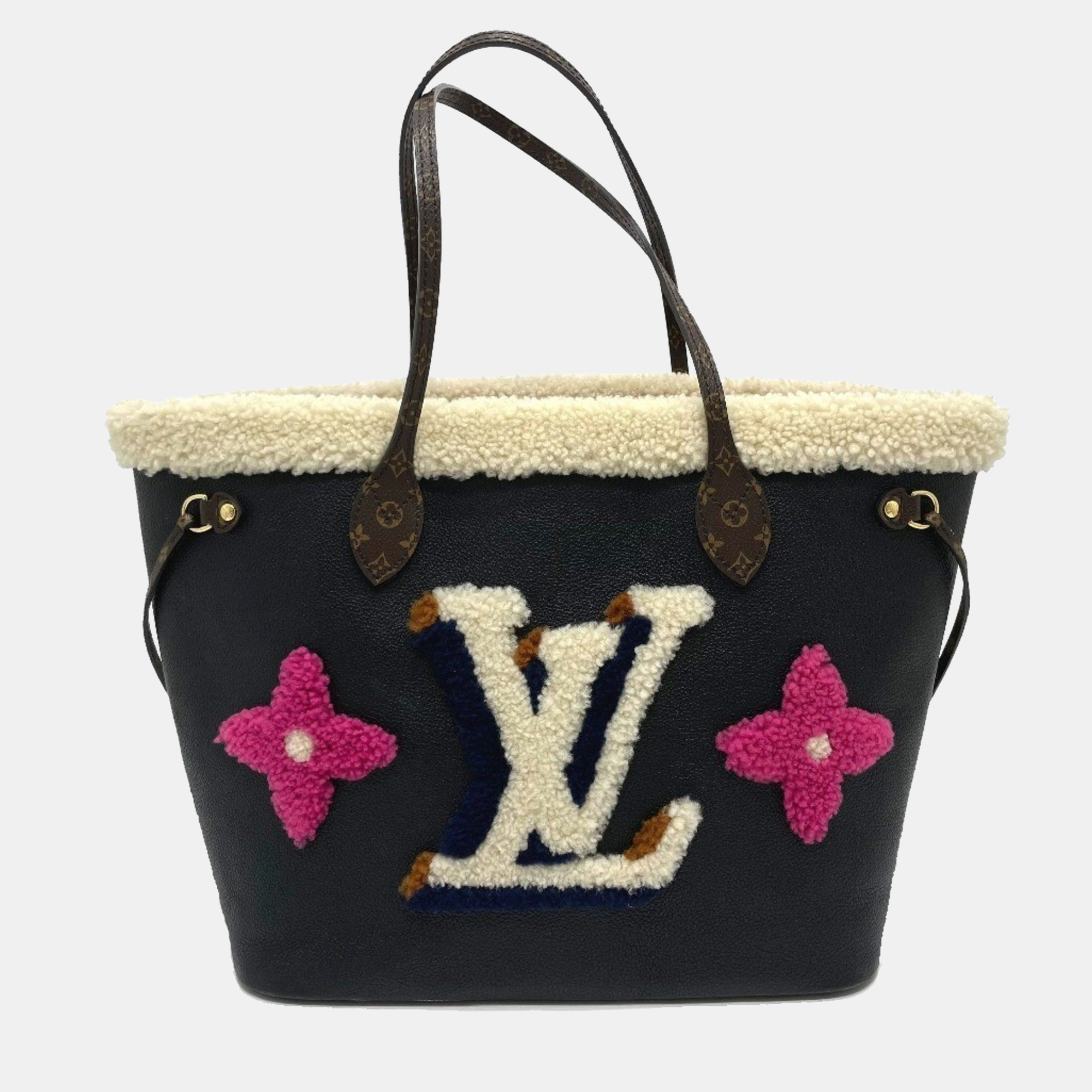 

Louis Vuitton Shearling Monogram Flower Lv Initial Neverfull Mm Fluffy Tote Bag In Calf Leather Black