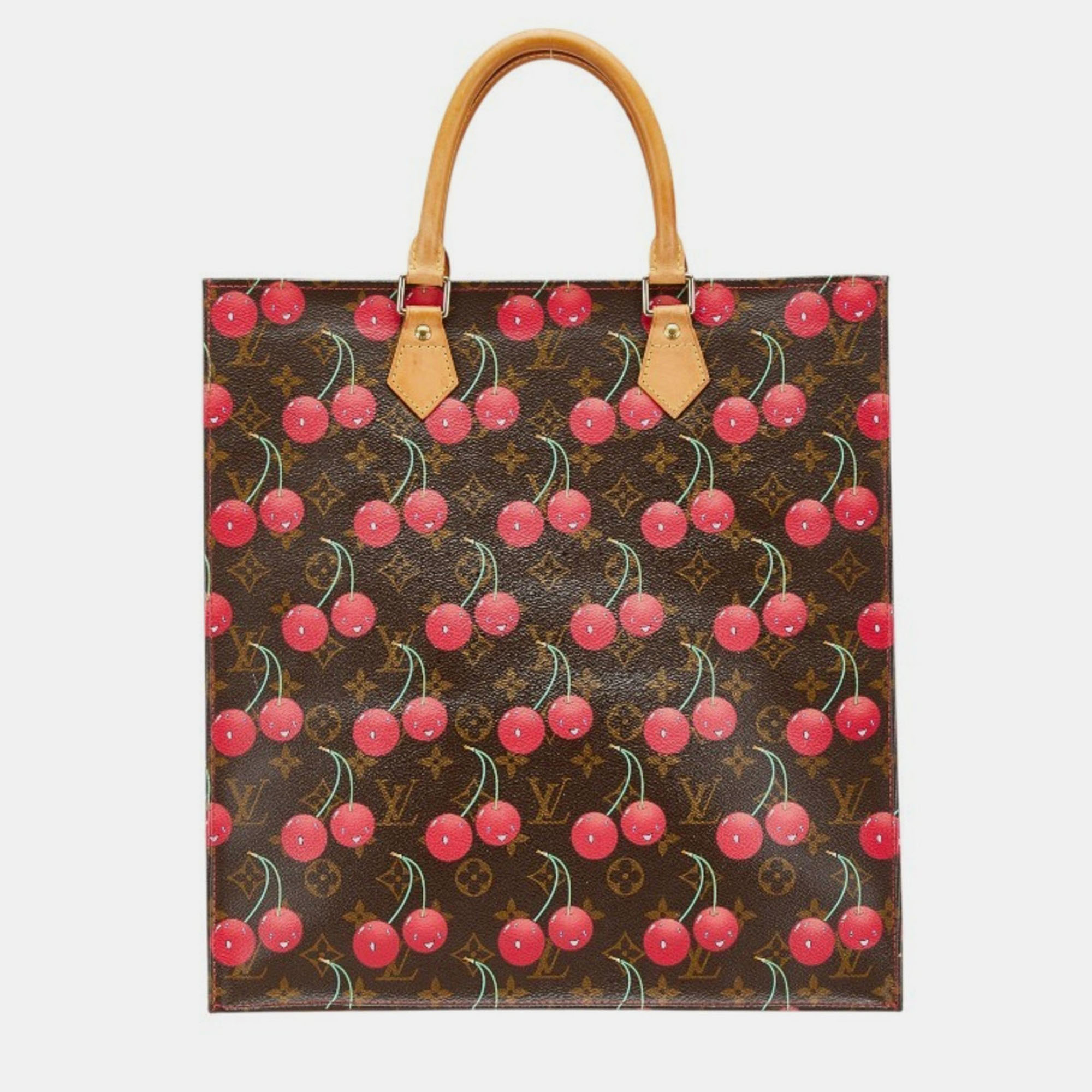 Pre-owned Louis Vuitton X Takashi Murakami Monogram Cherry Sac Plat Tote Bag Brown Leather