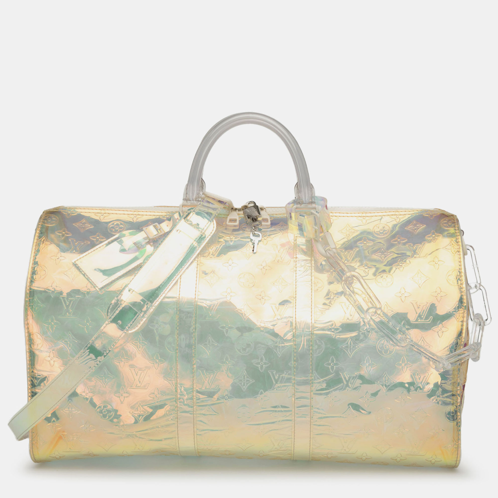 

Louis Vuitton White Monogram Prism Keepall Bandouliere 50