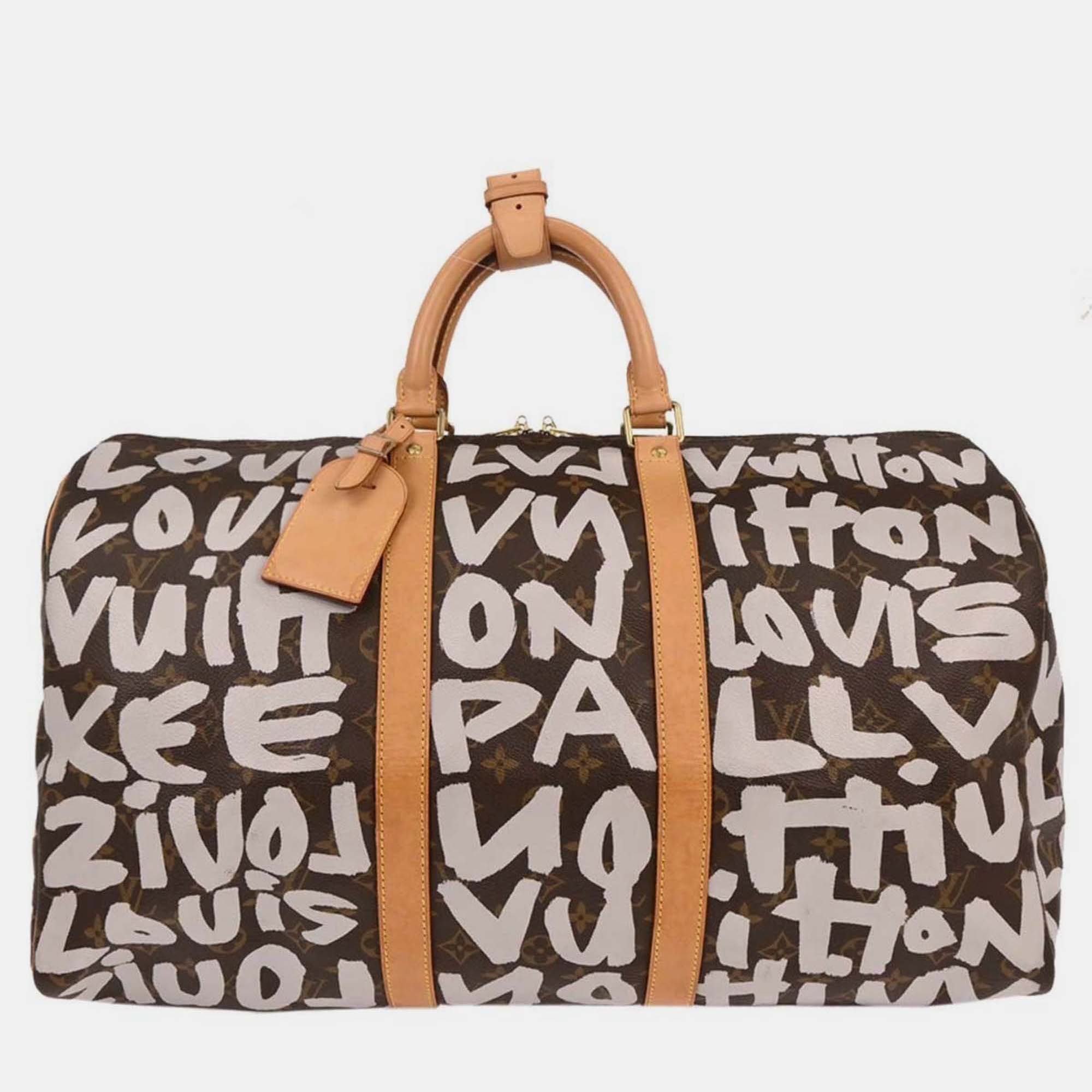 

Louis Vuitton White Monogram Graffiti Keepall 50 Duffle Bag, Brown
