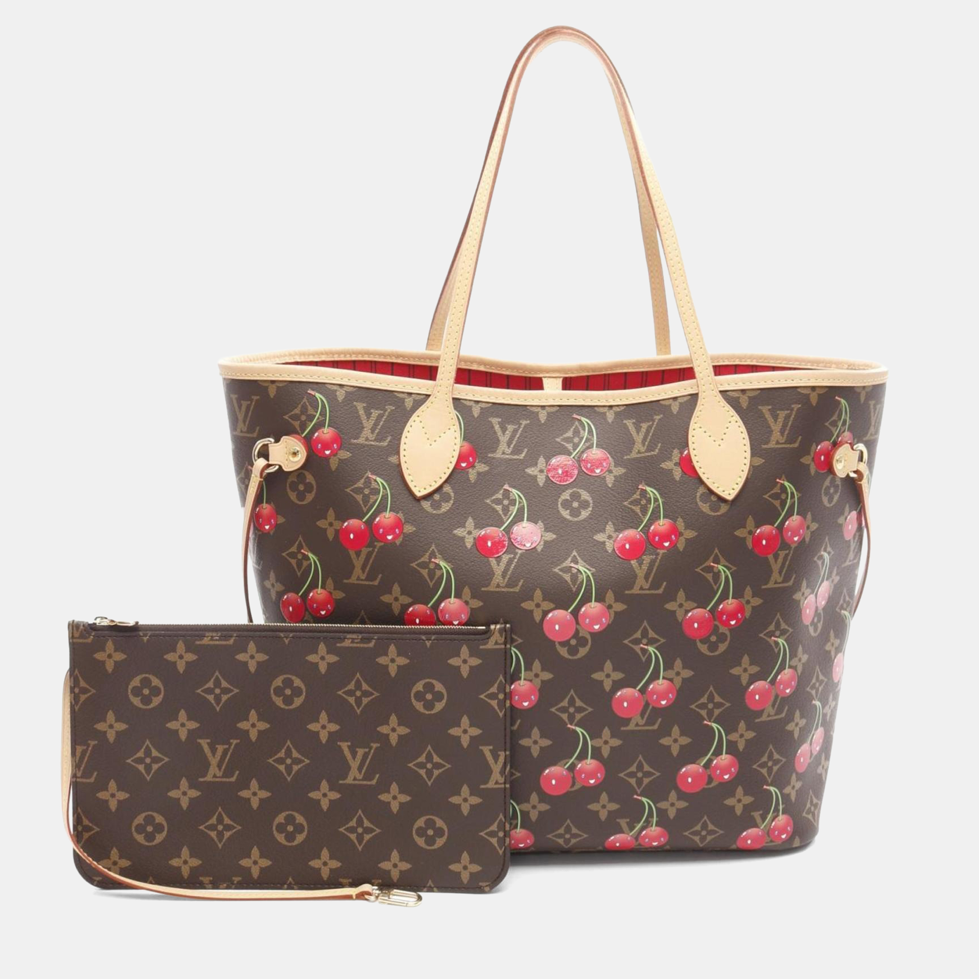 Pre-owned Louis Vuitton Lv X Tm Neverfull Mm Monogram Cherry Tote Bag Pvc-coated Canvas And Leather Cherry Brown
