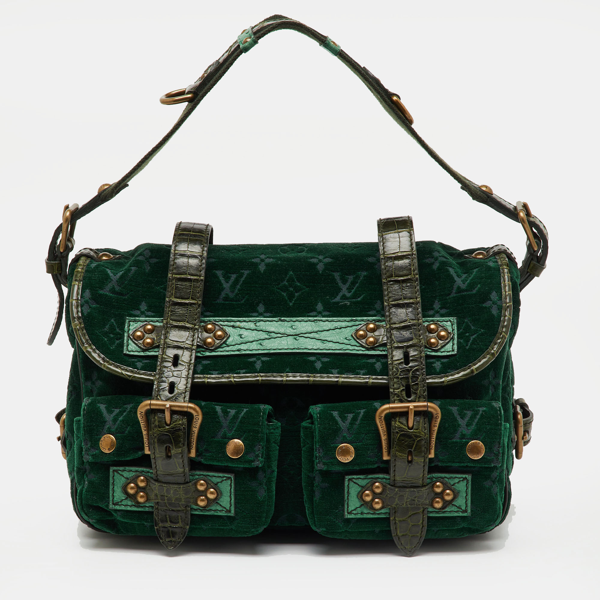 

Louis Vuitton Green Monogram Velour Alligator and Ostrich-Trimmed Clyde Bag