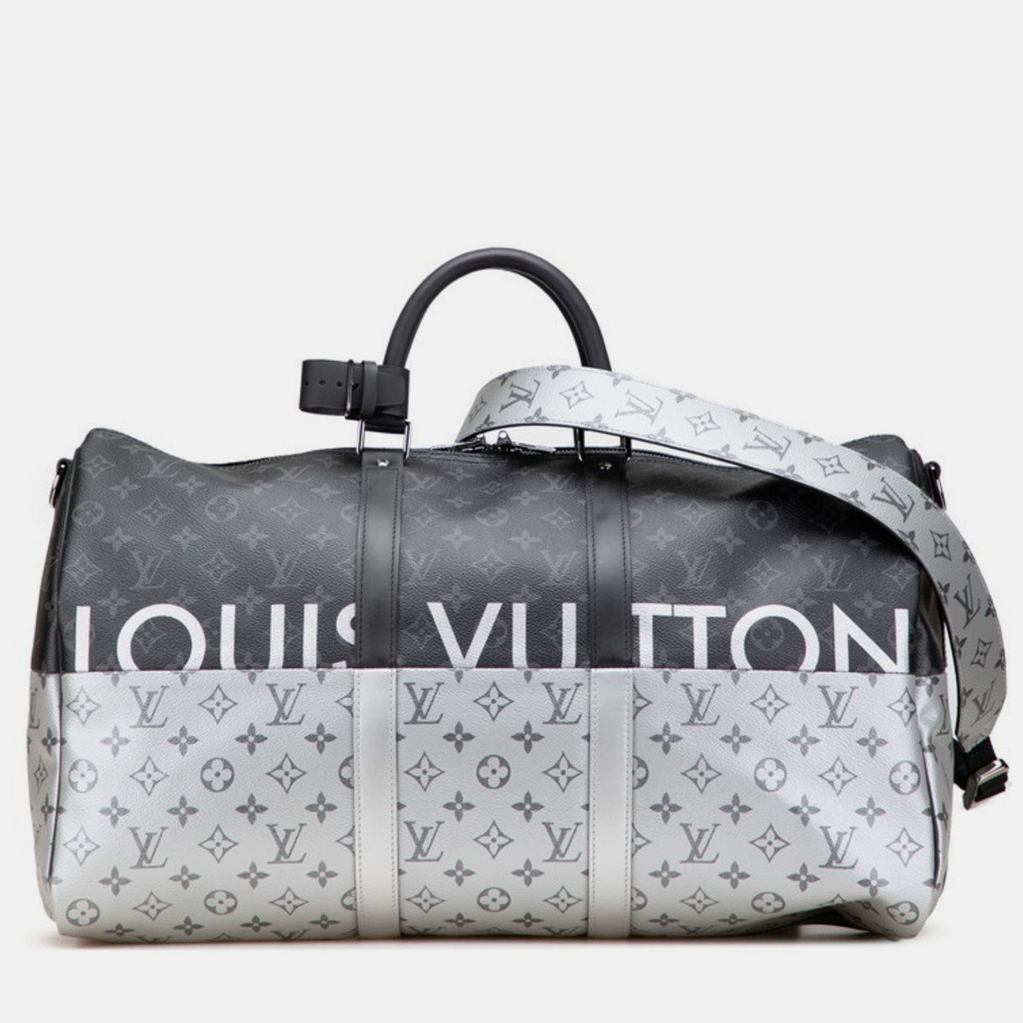 

Louis Vuitton Monogram Eclipse Split Keepall Bandouliere 50 Silver Black Canvas Leather Duffel Bag
