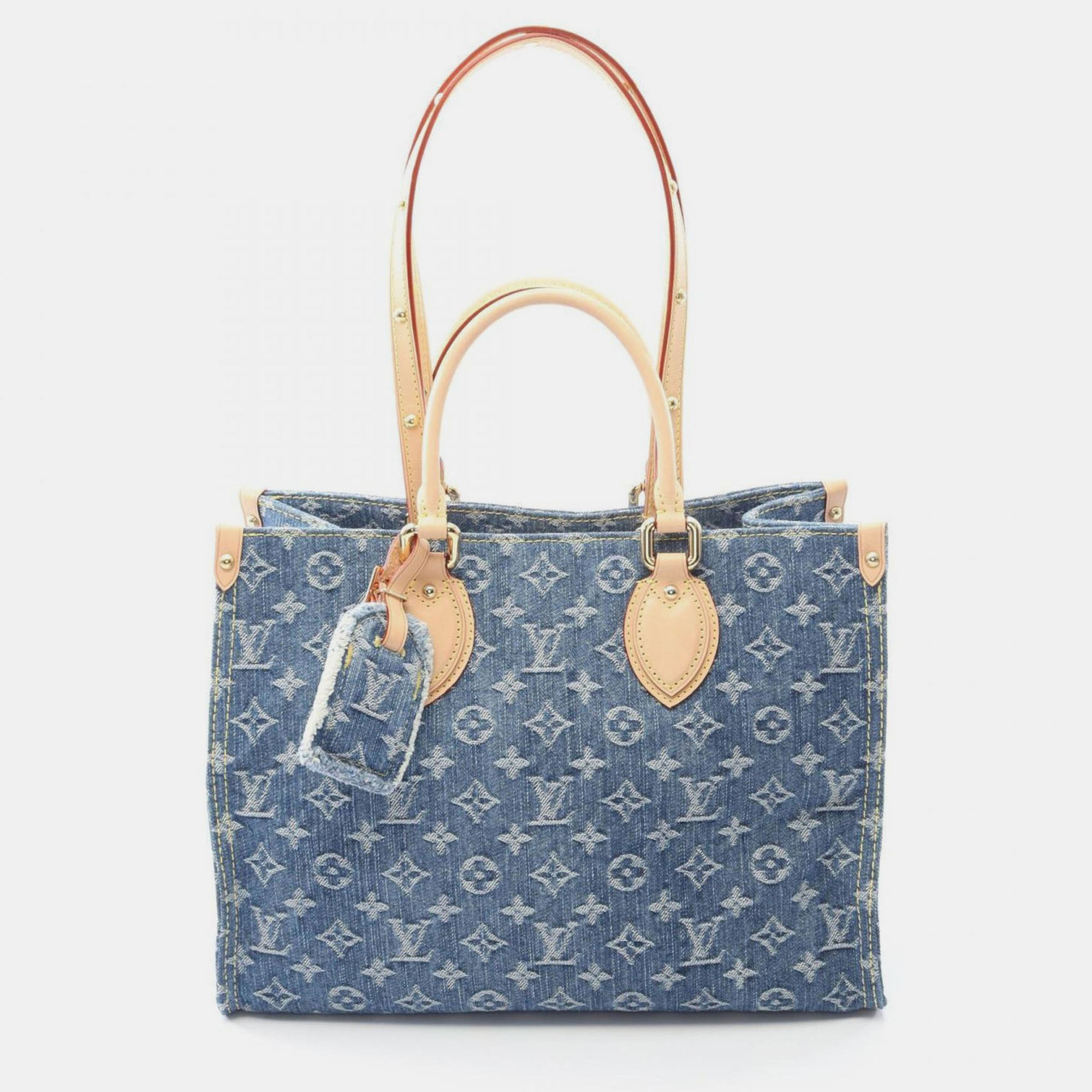 Pre-owned Louis Vuitton On The Go Mm Tote Bag In Monogram Denim And Leather Blue/brown