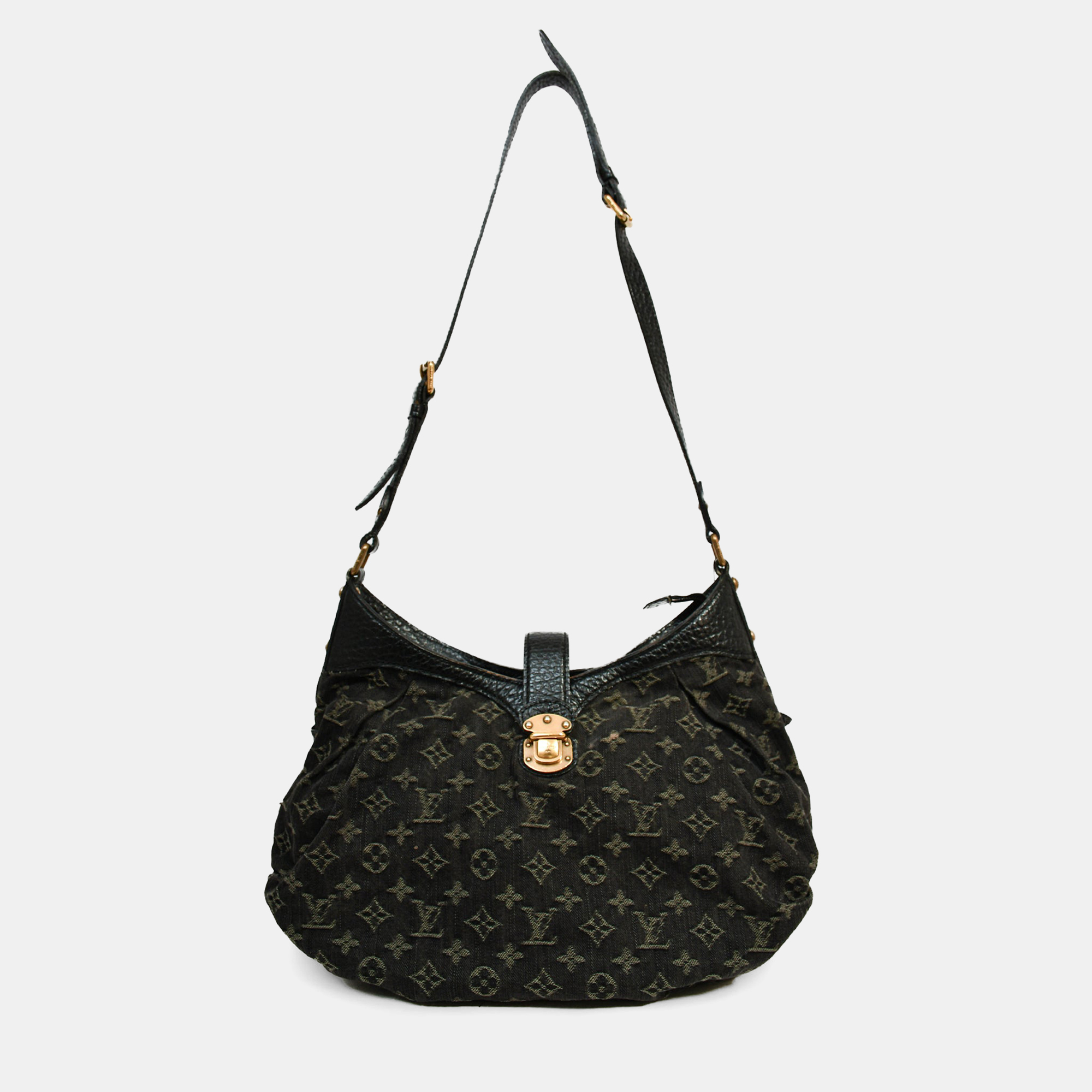 Pre-owned Louis Vuitton Black Denim Light Wash Monogram Hobo Bag With Strap