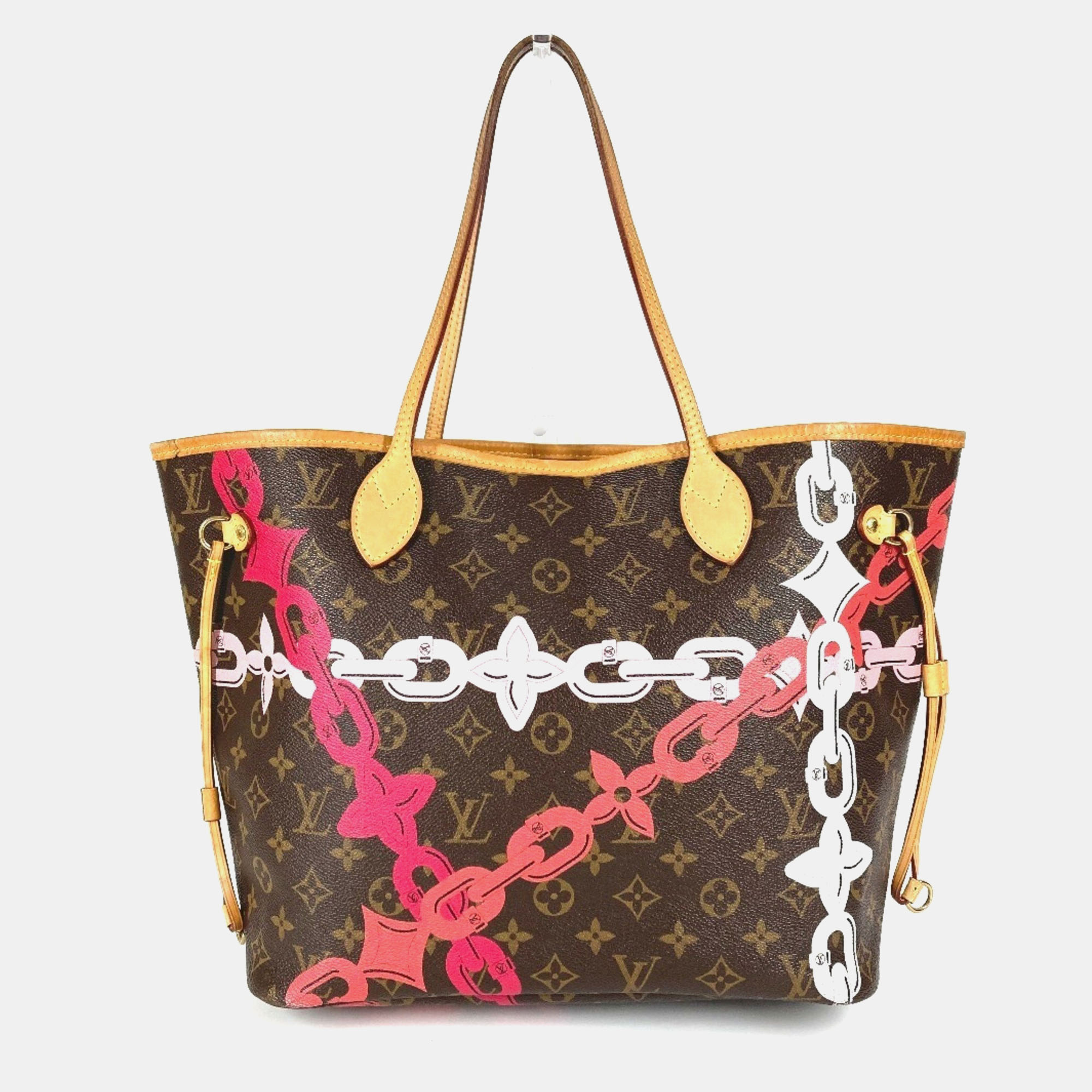 Pre-owned Louis Vuitton Monogram Bay Neverfull Mm Tote Bag Chain Canvas Pink In Brown