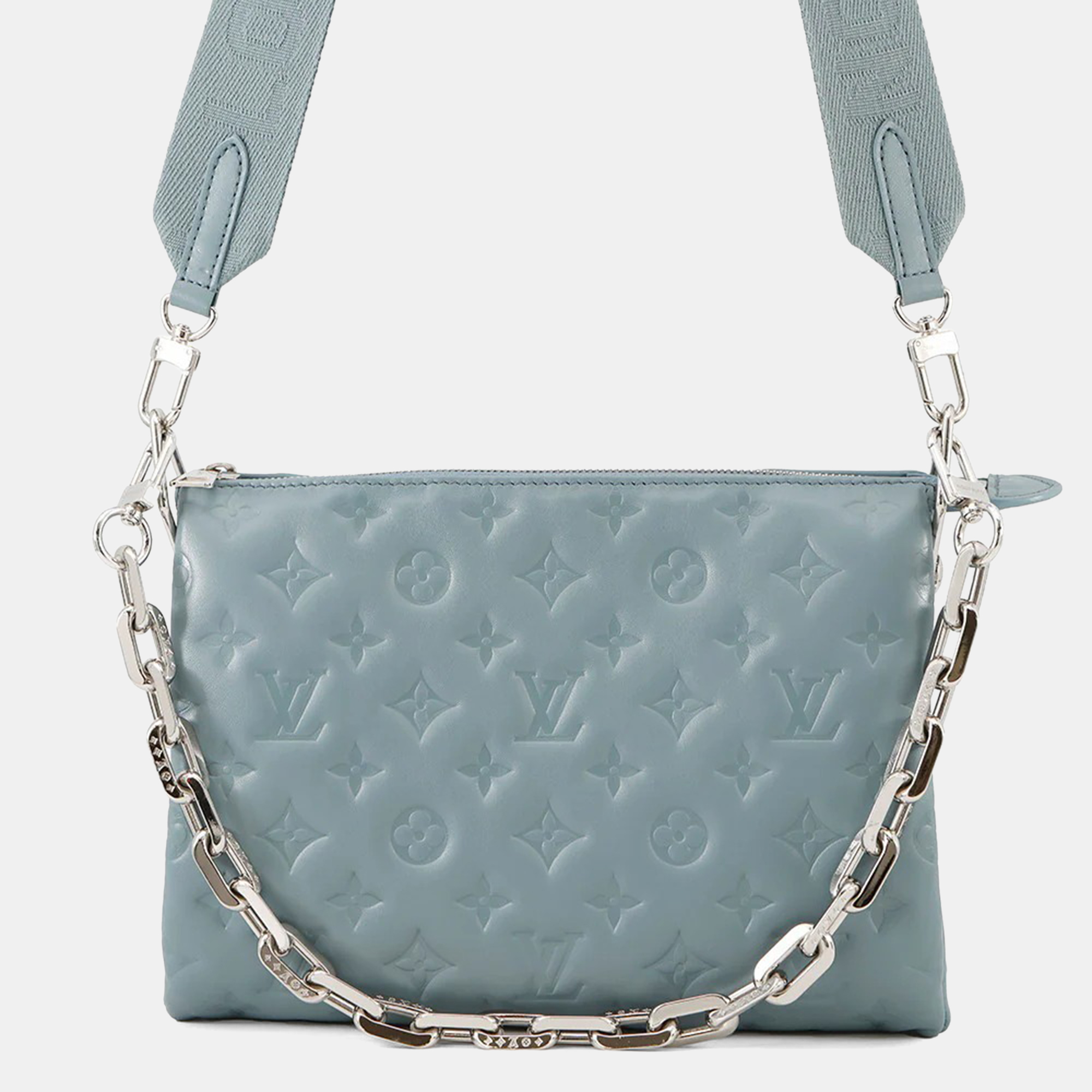 Click to view more detailed imagery on our partner's website Pre-owned Louis Vuitton Coussin Blue Gacier/red Monogram Embossed Lamb Leather Size Pm