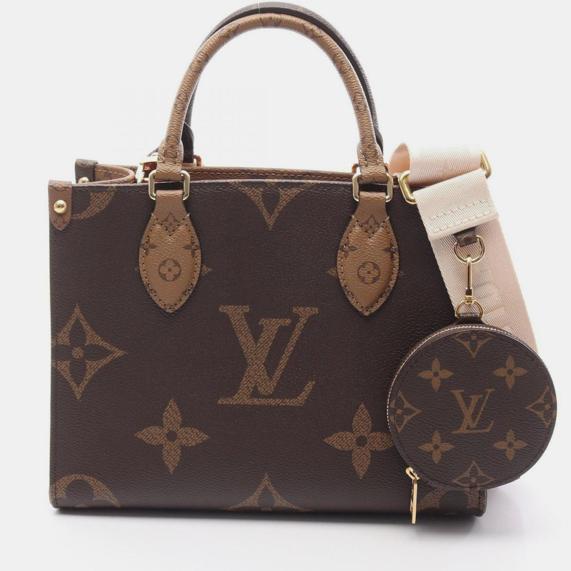 

Louis Vuitton On The Go Pm Handbag Coated Canvas Monogram Giant Reverse Brown And Beige