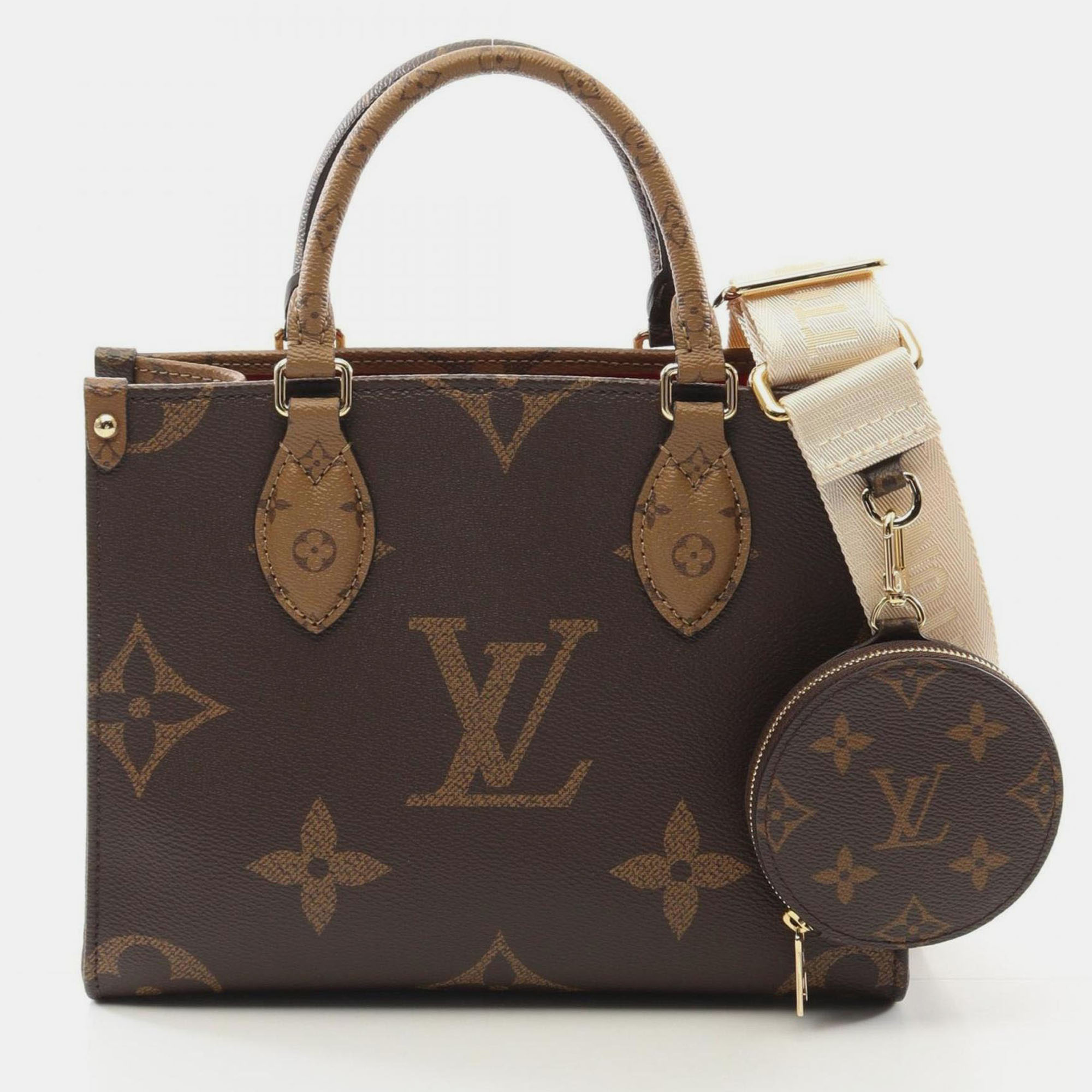 

Louis Vuitton On The Go Pm Handbag Coated Canvas Monogram Giant Brown Beige