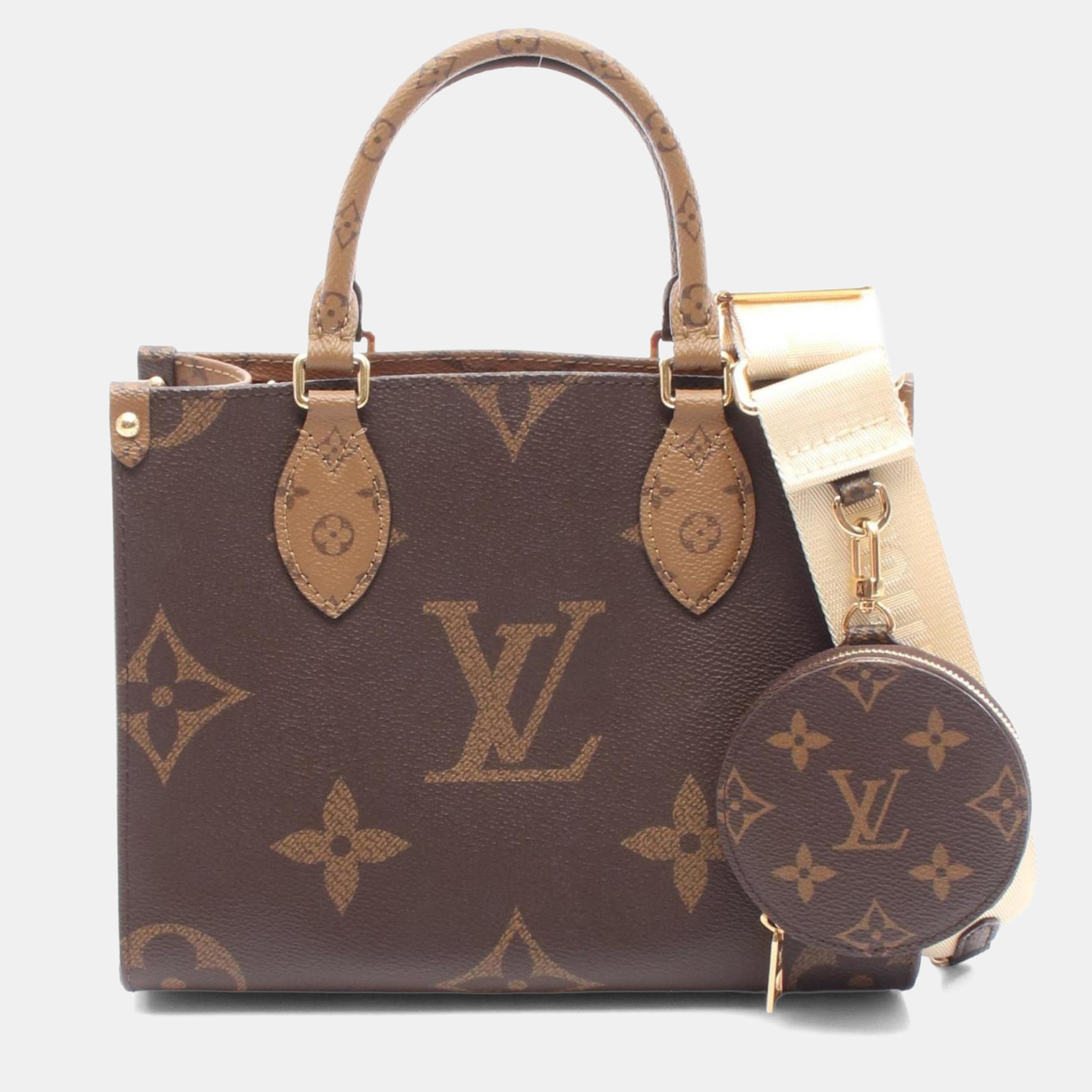 

Louis Vuitton On The Go Pm Handbag Coated Canvas Monogram Reverse Brown And Beige