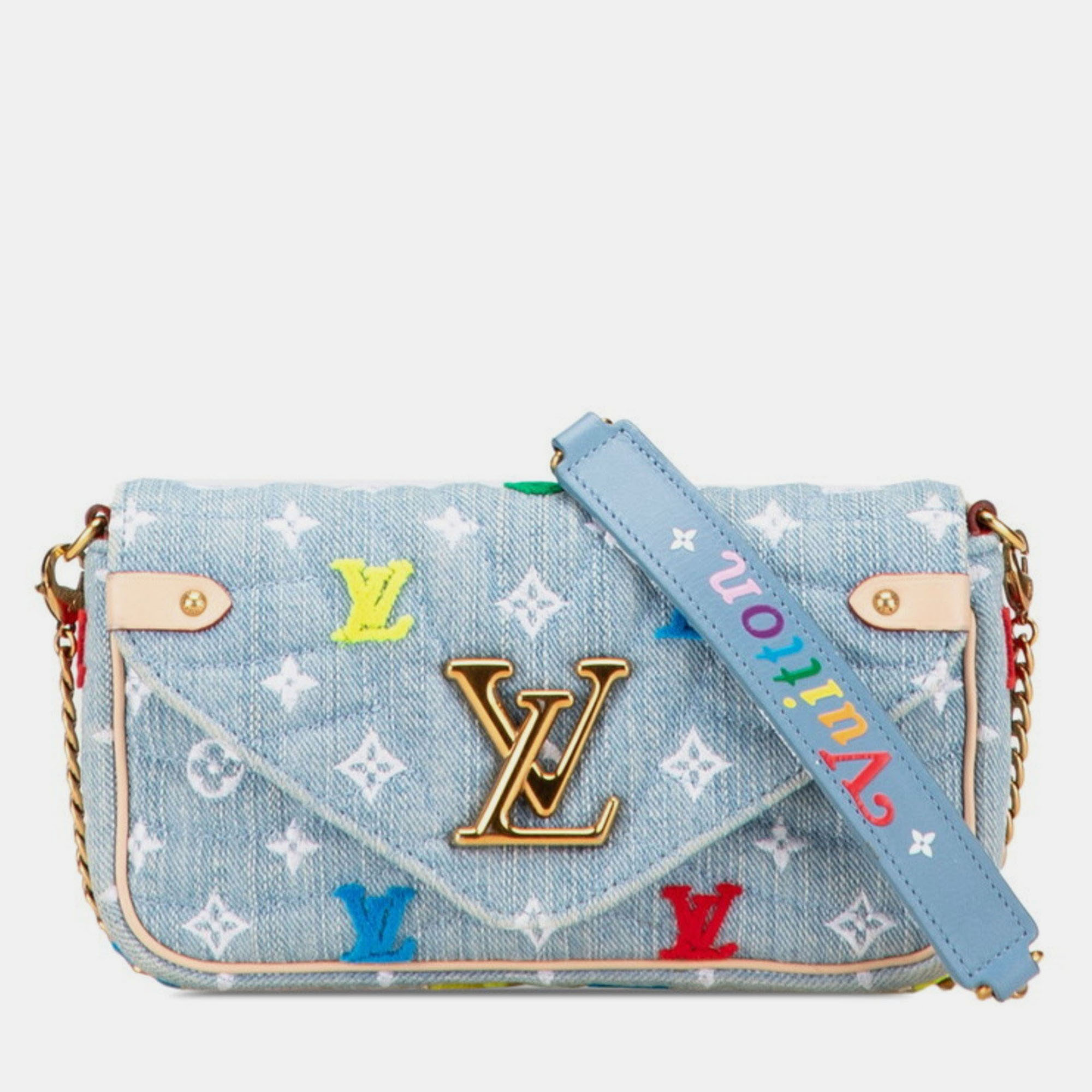 Pre-owned Louis Vuitton Monogram New Wave Pochette Chain Shoulder Bag Light Blue Indigo Denim