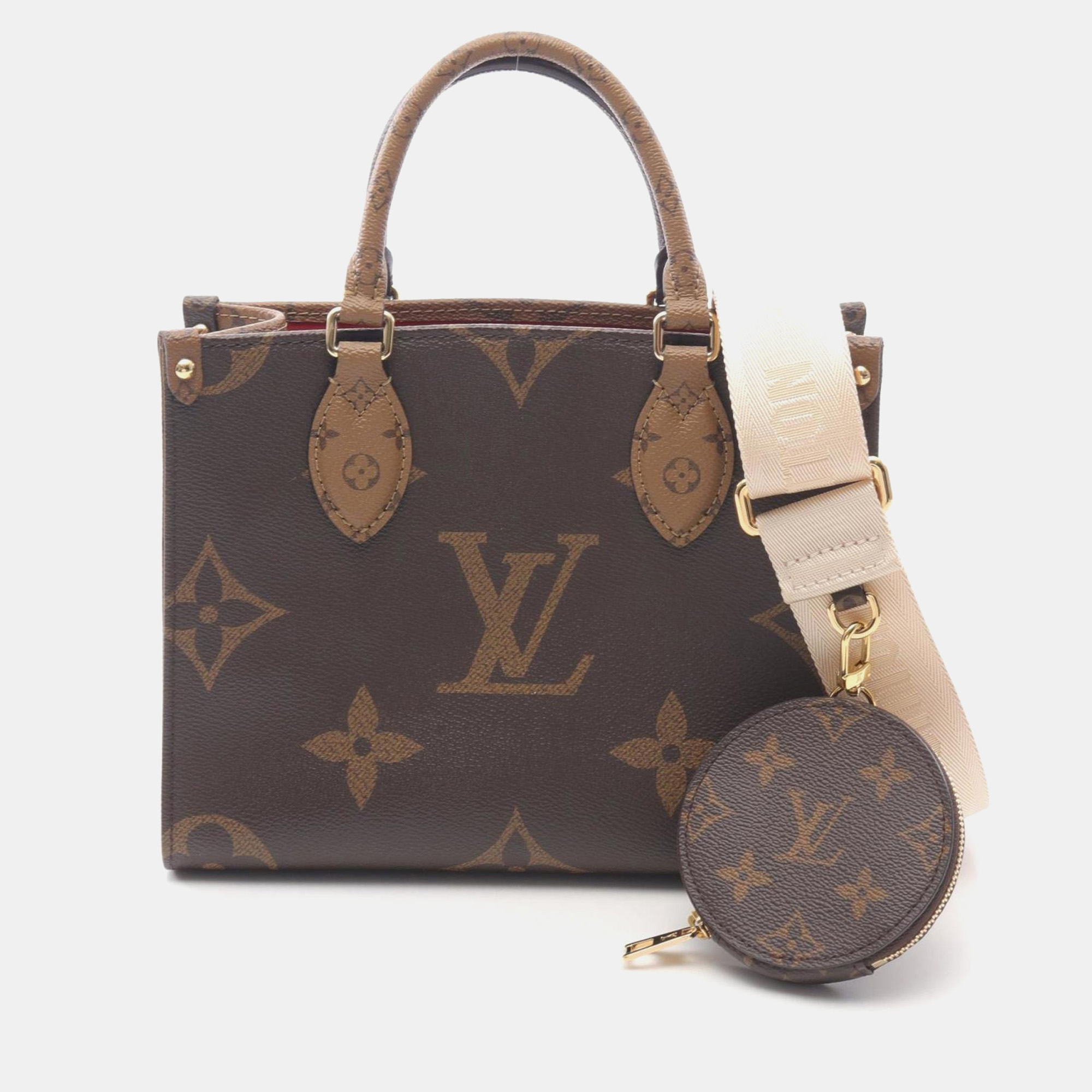 

Louis Vuitton On The Go Pm Monogram Giant Reverse Handbag Coated Canvas Brown And Beige