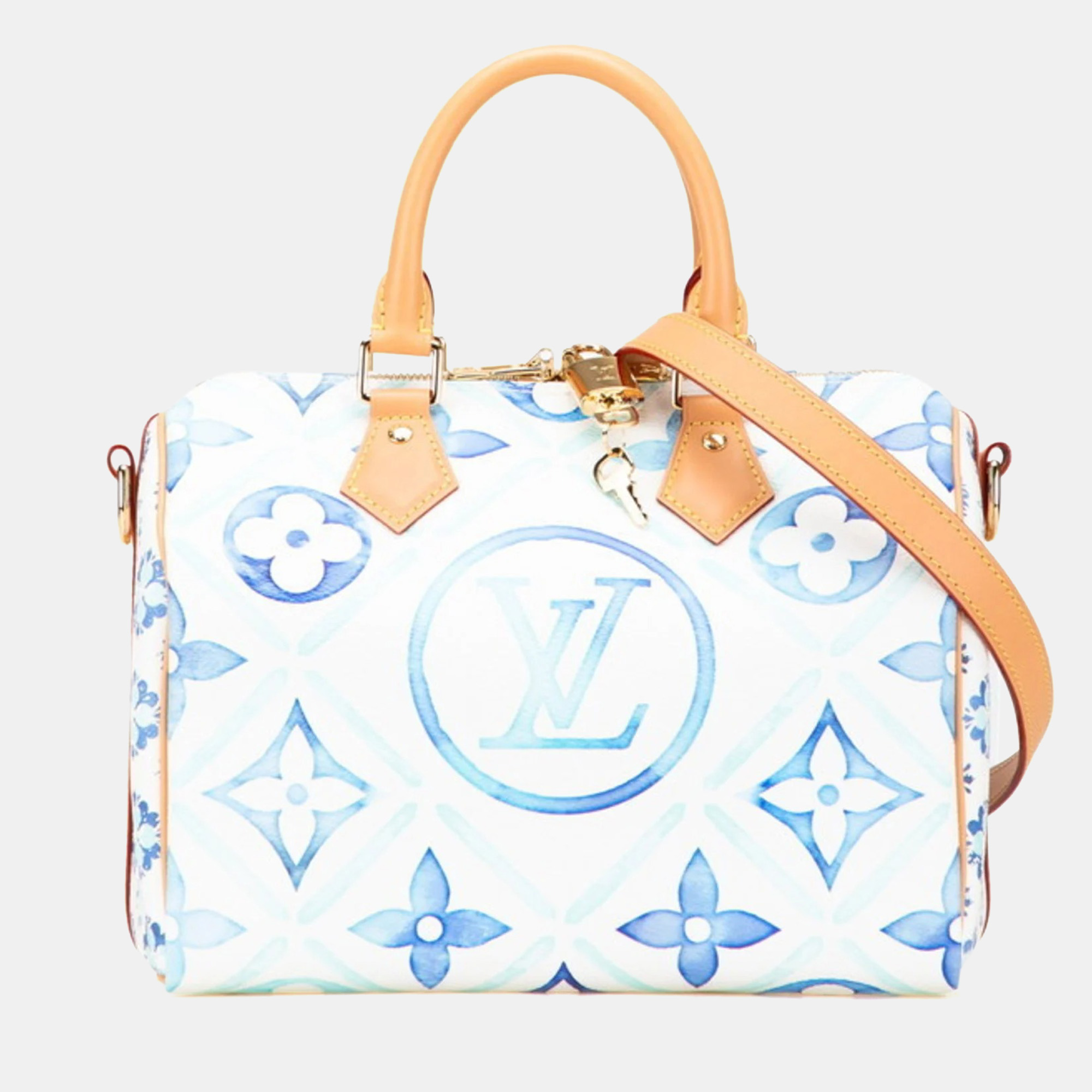 

Louis Vuitton Monogram Tile Speedy Bandouliere 25 Handbag White Lagoon Blue Leather