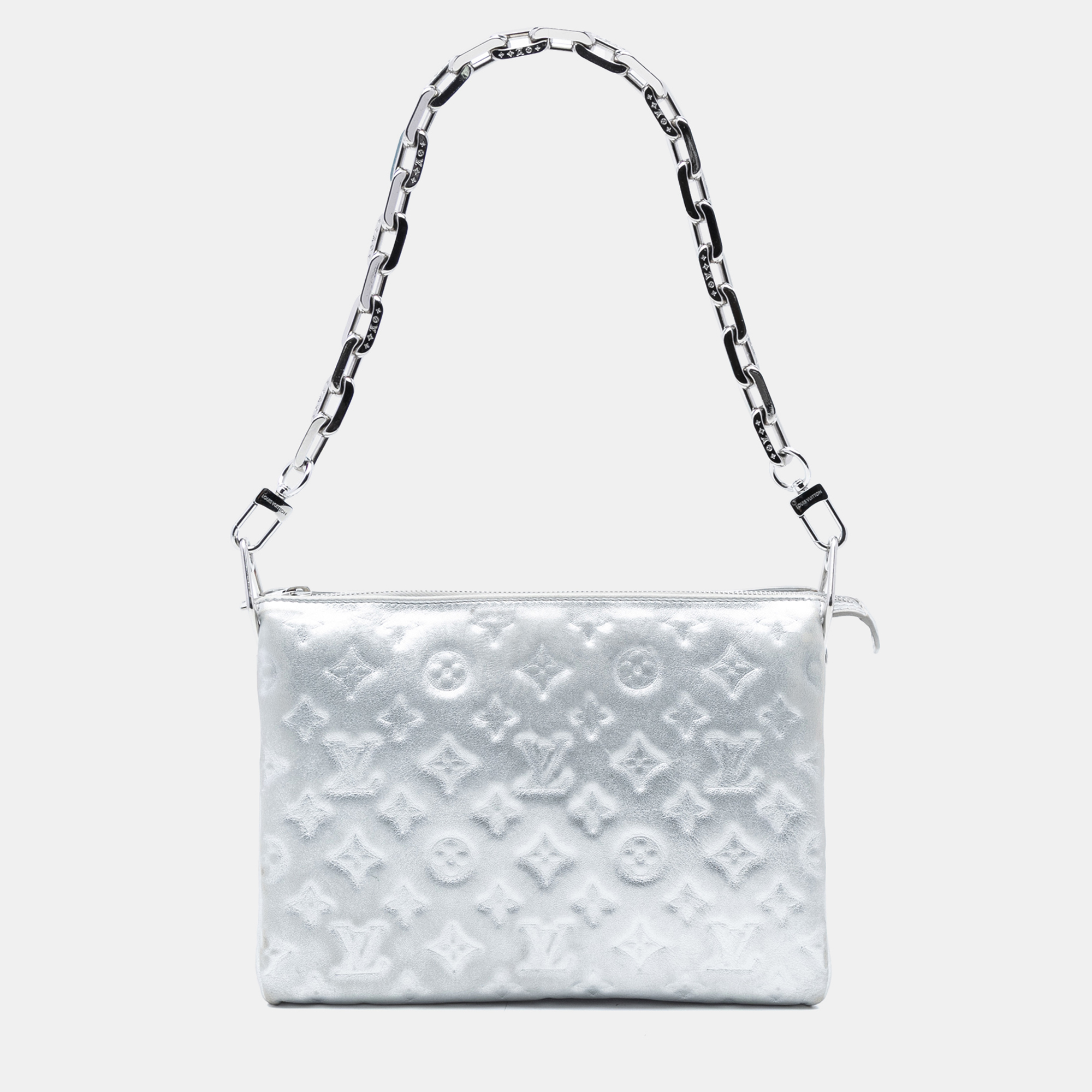 

Louis Vuitton Silver Monogram Embossed Puffy Lambskin Coussin PM