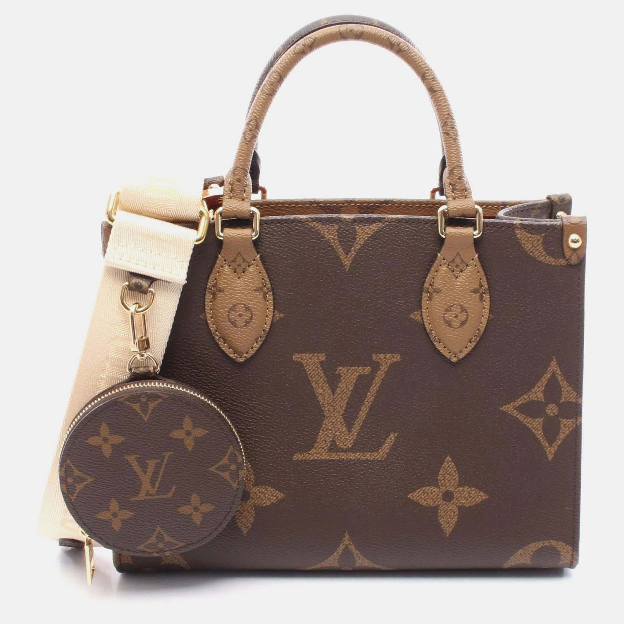

Louis Vuitton On The Go Pm Handbag Coated Canvas Monogram Giant Reverse Women'S Brown And Beige